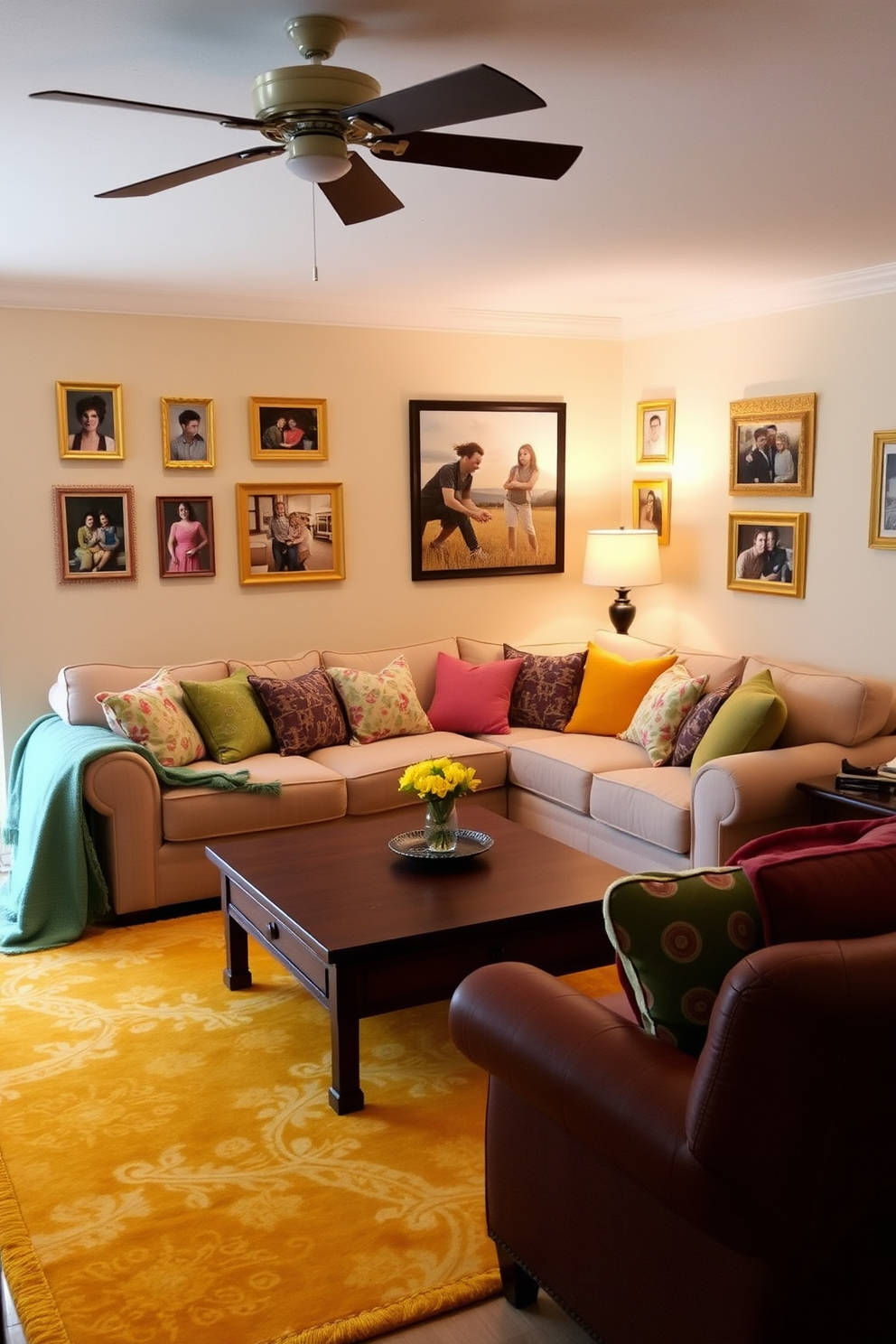 A cozy family room filled with warmth and personality. The walls are painted in a soft cream color, and the furniture includes a plush beige sofa adorned with colorful throw pillows. Yellow framed family photos are displayed on the walls, adding a personal touch. A large area rug in sunny yellow tones anchors the seating area, complemented by a wooden coffee table in the center.