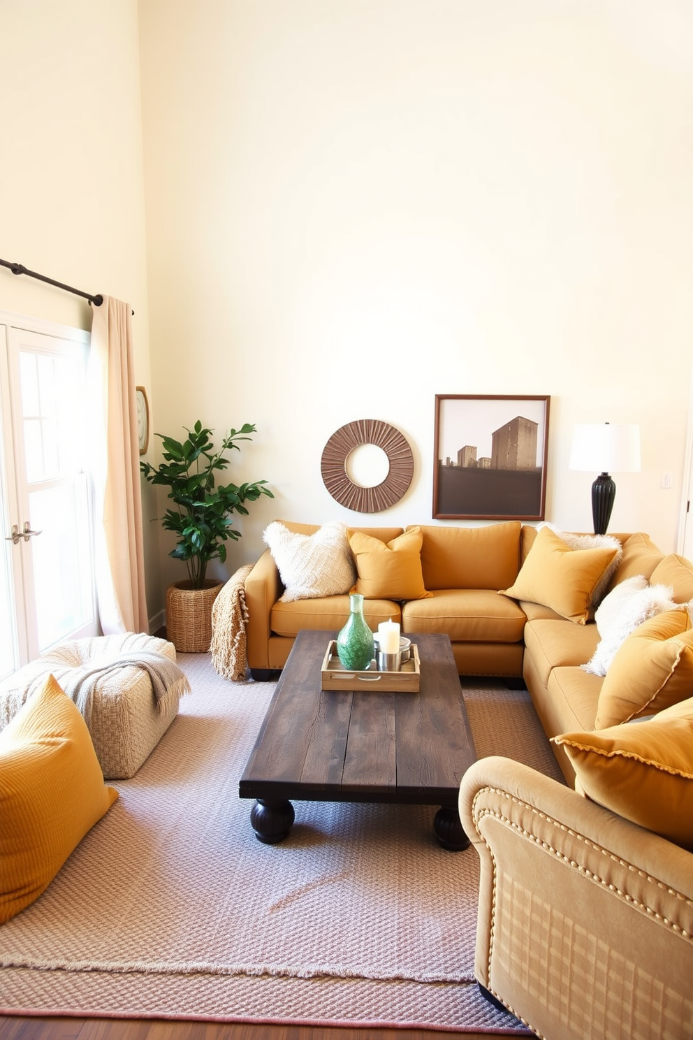 A cozy family room featuring a muted mustard yellow color scheme. The room is adorned with plush throw pillows in various textures, creating a warm and inviting atmosphere. The walls are painted in a soft cream to complement the yellow accents. A comfortable sectional sofa is arranged around a rustic wooden coffee table, enhancing the relaxed vibe of the space.