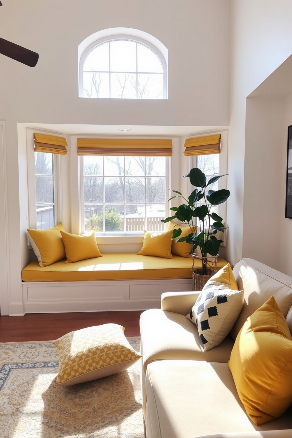 Bright yellow window seats create a cheerful and inviting atmosphere in the family room. The seating is adorned with plush cushions, offering a perfect spot for relaxation and enjoying the view outside. The walls are painted in a soft white, providing a clean backdrop that enhances the brightness of the yellow accents. A cozy area rug in neutral tones anchors the space, while decorative throw pillows add a touch of comfort and style.