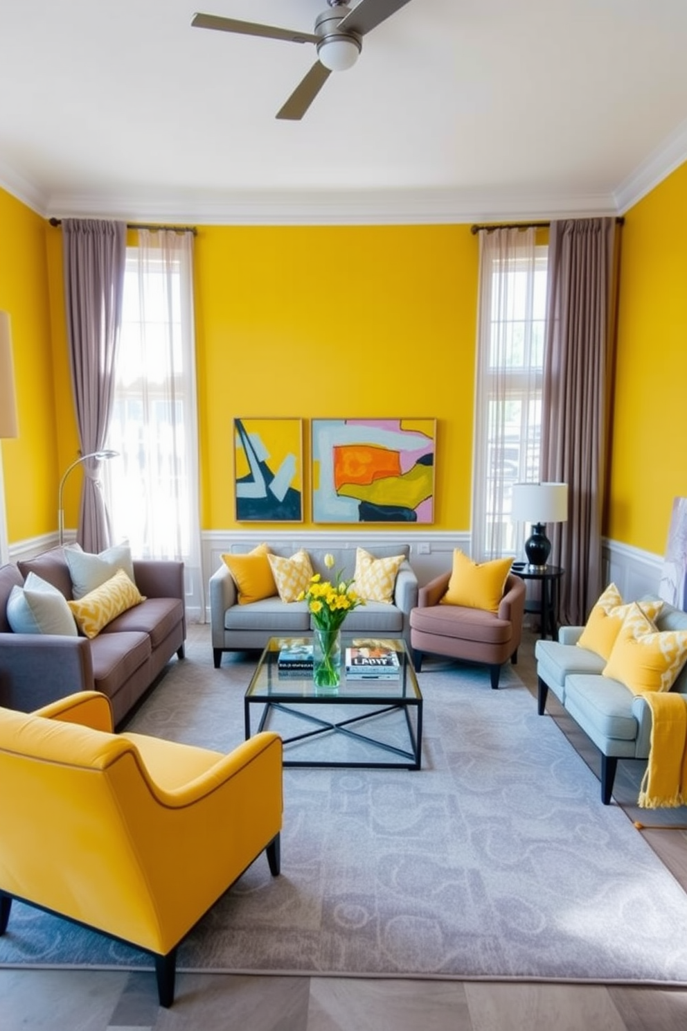 A spacious family room featuring a harmonious yellow and gray color scheme. The walls are painted a soft yellow while the furniture includes a plush gray sofa and accent chairs. A large area rug with a geometric pattern ties the space together, complementing the color palette. Decorative pillows in varying shades of yellow and gray add a touch of comfort and style. Natural light floods the room through large windows adorned with sheer gray curtains. A stylish coffee table sits in the center, surrounded by vibrant artwork that enhances the cheerful atmosphere.