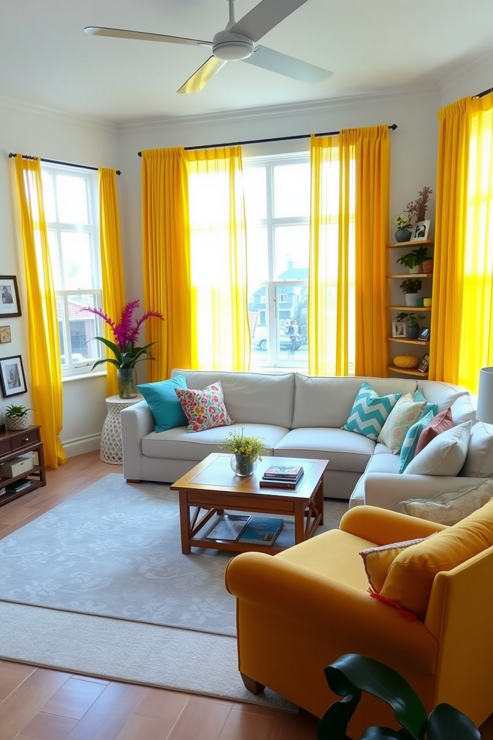 A bright and airy family room filled with cheerful yellow curtains that allow natural light to flood the space. The walls are painted in a soft white hue, and the room features a comfortable sectional sofa adorned with colorful throw pillows. A large area rug in a subtle pattern anchors the seating area, while a wooden coffee table adds warmth. Decorative shelves showcase family photos and vibrant plants, creating a welcoming atmosphere for gatherings.