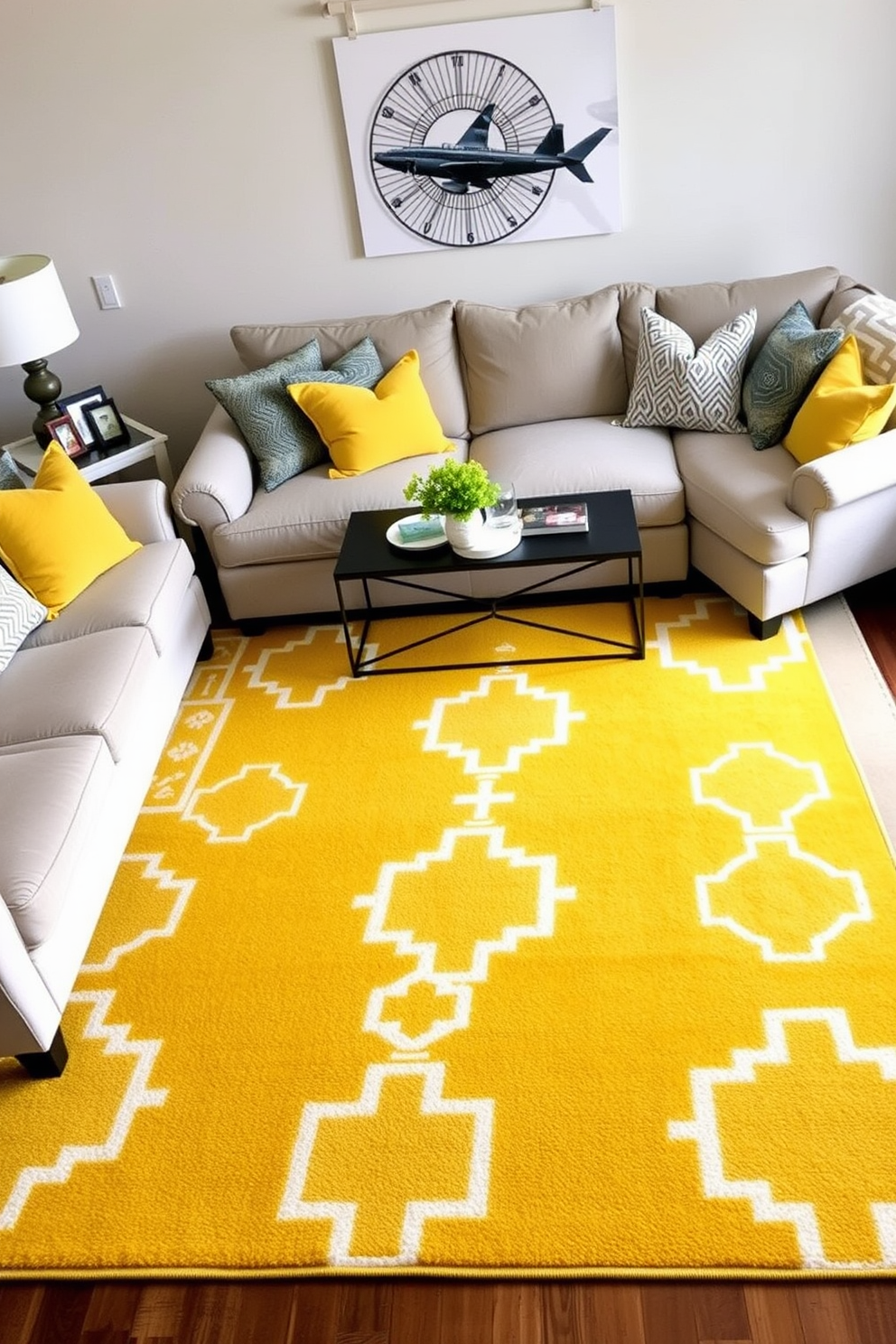 A bright and inviting family room features a large yellow area rug adorned with geometric patterns that add a playful touch to the space. Surrounding the rug, plush seating in neutral tones creates a cozy atmosphere, complemented by vibrant yellow and gray throw pillows for added comfort.