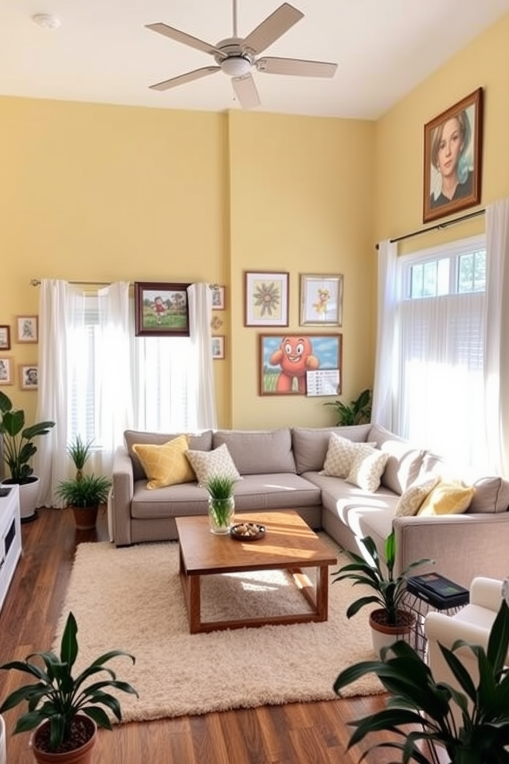 A cozy family room featuring soft pastel yellow walls adorned with various pieces of wall art that create a warm and inviting atmosphere. The room includes a plush sectional sofa in light gray, complemented by pastel yellow and white throw pillows, and a wooden coffee table in the center. Natural light floods the space through large windows draped with sheer white curtains, enhancing the cheerful ambiance. A soft area rug in cream anchors the seating area, while potted plants add a touch of greenery to the decor.