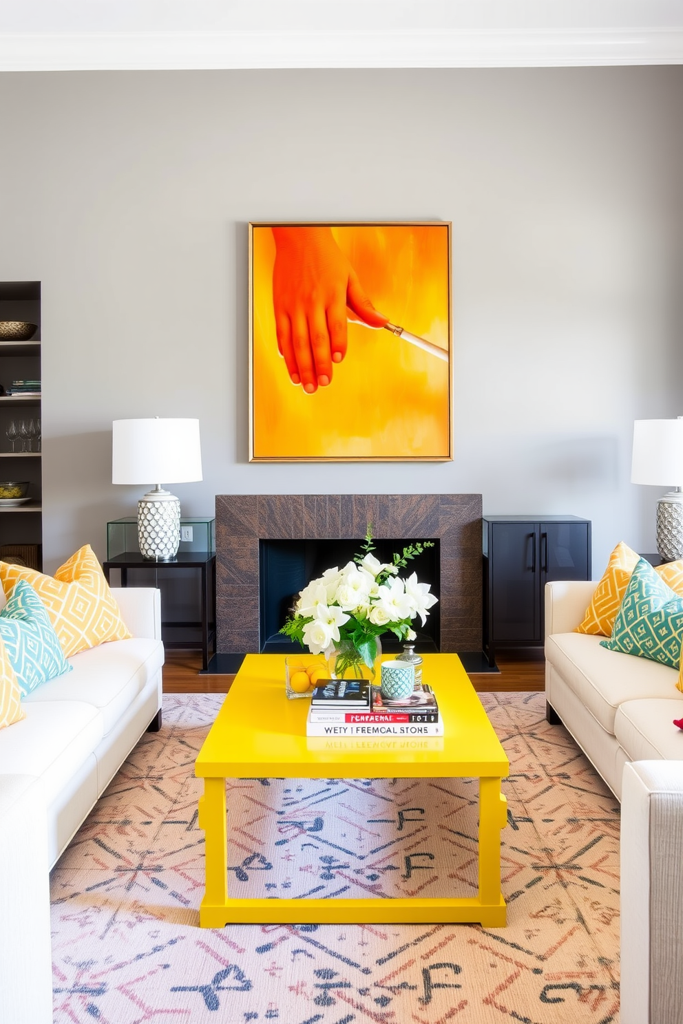 A vibrant family room featuring a bold lemon yellow coffee table as the centerpiece. The walls are painted in a soft gray, complemented by plush white sofas adorned with colorful throw pillows.