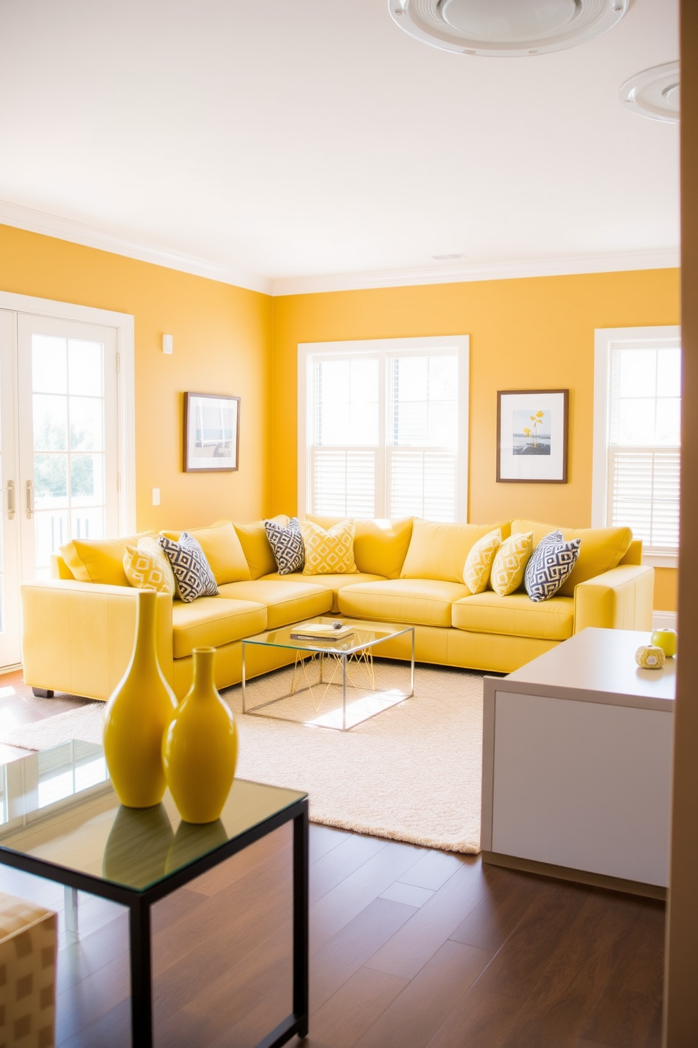 A bright family room filled with natural light. The space features a large yellow sectional sofa adorned with patterned throw pillows and a soft area rug. In the corner, a pair of yellow decorative vases sit on a sleek side table, adding a stylish accent. The walls are painted in a warm neutral tone, complementing the vibrant yellow elements throughout the room.