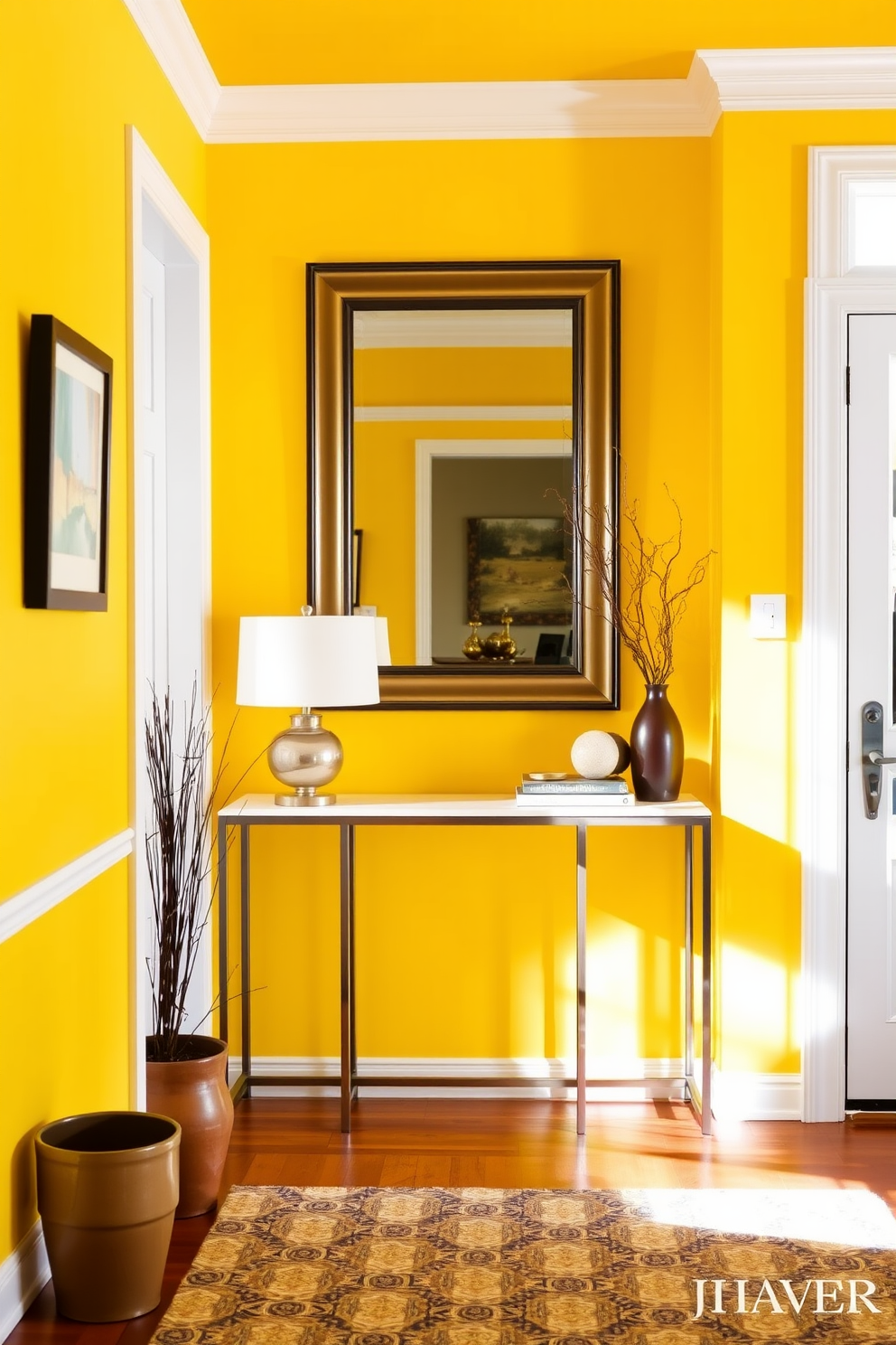 Bright yellow walls create a cheerful and inviting atmosphere in the foyer. The white trim adds a crisp contrast, enhancing the overall brightness of the space. A sleek console table is positioned against the wall, adorned with a stylish lamp and decorative items. A large mirror hangs above the table, reflecting light and making the foyer feel more spacious.