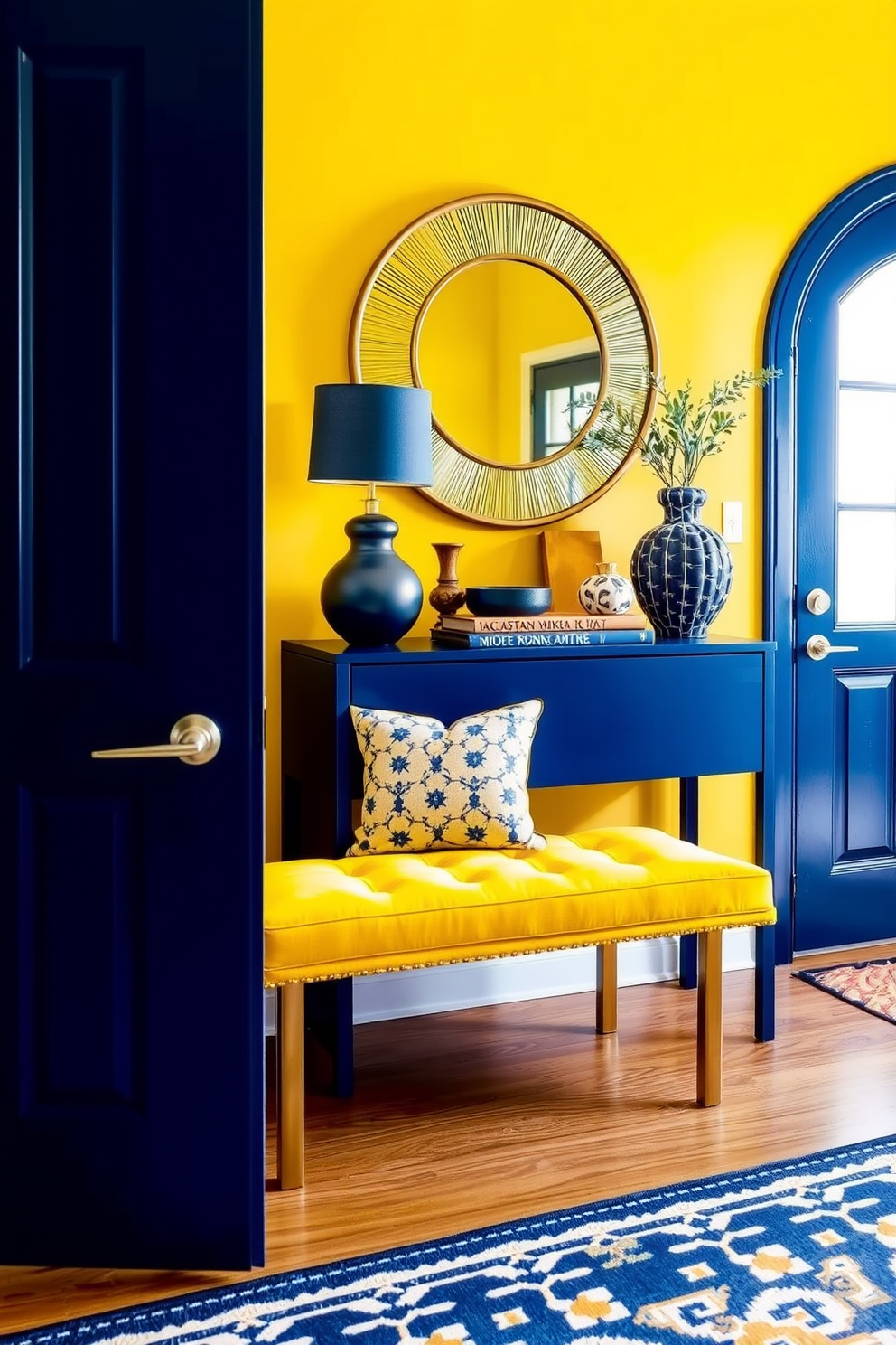 A bright and inviting foyer featuring a striking yellow accent wall that contrasts beautifully with navy blue decor elements. The space includes a sleek console table in navy blue topped with decorative items and a round mirror with a gold frame above it. The floor is adorned with a stylish patterned rug that incorporates both yellow and navy tones. A vibrant yellow bench sits against the wall, providing a cozy spot for guests to sit while adding a pop of color to the entrance.