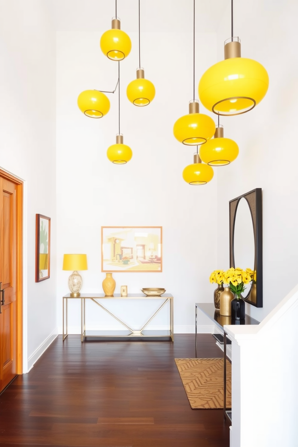 A bright foyer featuring yellow pendant lights that hang gracefully from a high ceiling. The walls are painted in a soft white, creating a warm and inviting atmosphere. The floor is adorned with a sleek, dark hardwood that contrasts beautifully with the yellow accents. A stylish console table sits against one wall, topped with decorative items that enhance the overall aesthetic.