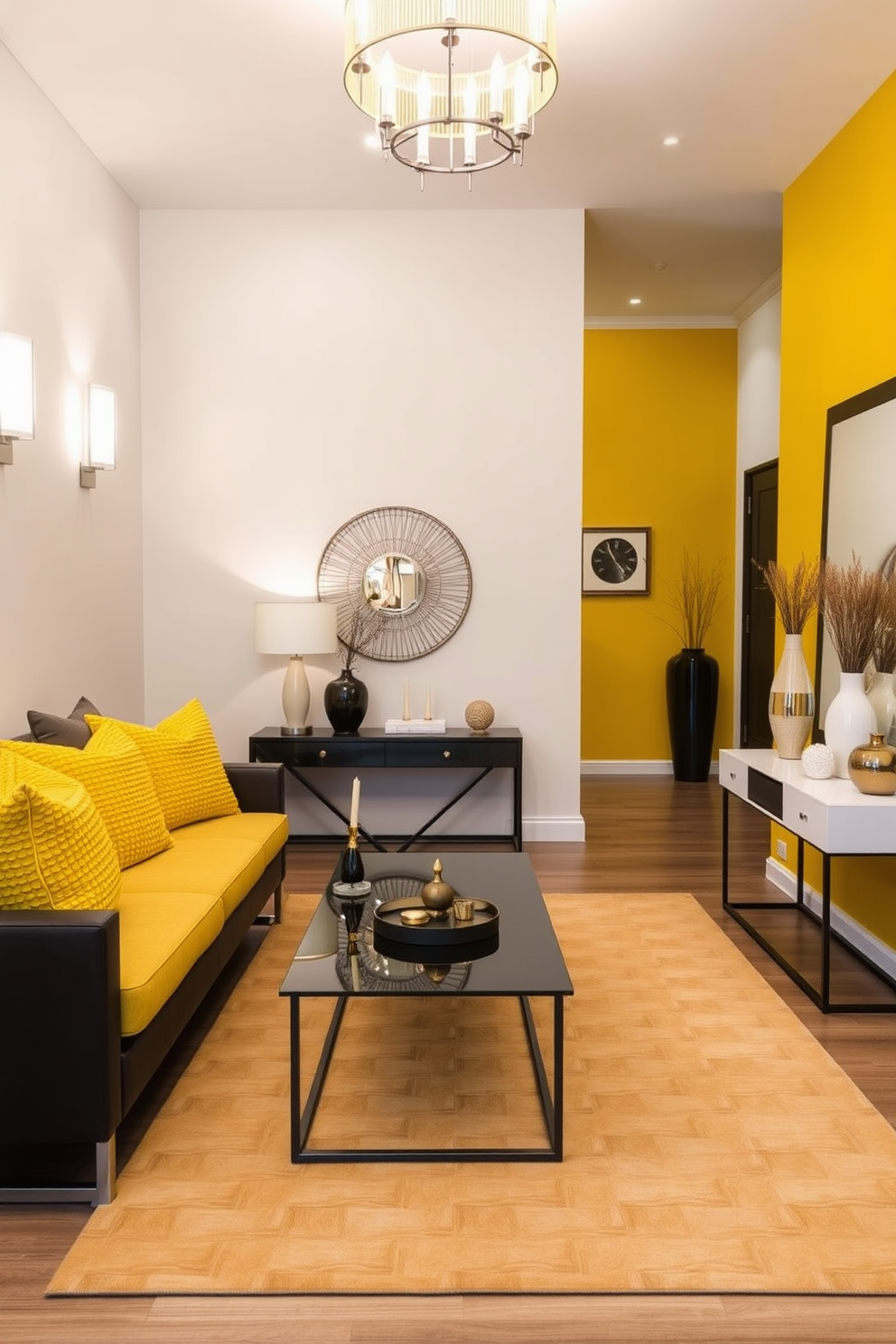 Textured yellow cushions adorn a modern seating area, adding a vibrant pop of color and comfort. The seating arrangement is complemented by a sleek coffee table and elegant lighting fixtures that create a warm ambiance. In the foyer, a striking design features a yellow accent wall paired with minimalist decor. A stylish console table holds decorative items, while a large mirror enhances the sense of space and brightness.