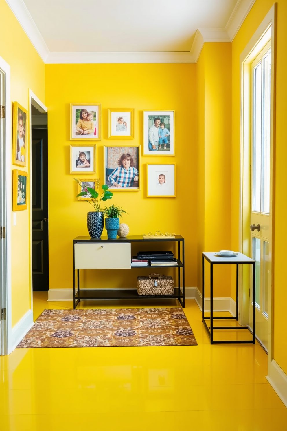 A bright foyer featuring a vibrant yellow color scheme. The walls are adorned with yellow framed family photos that add a personal touch and warmth to the space. The floor is covered with a stylish patterned rug that complements the yellow tones. A sleek console table sits against one wall, topped with decorative items and a small potted plant for a fresh look.