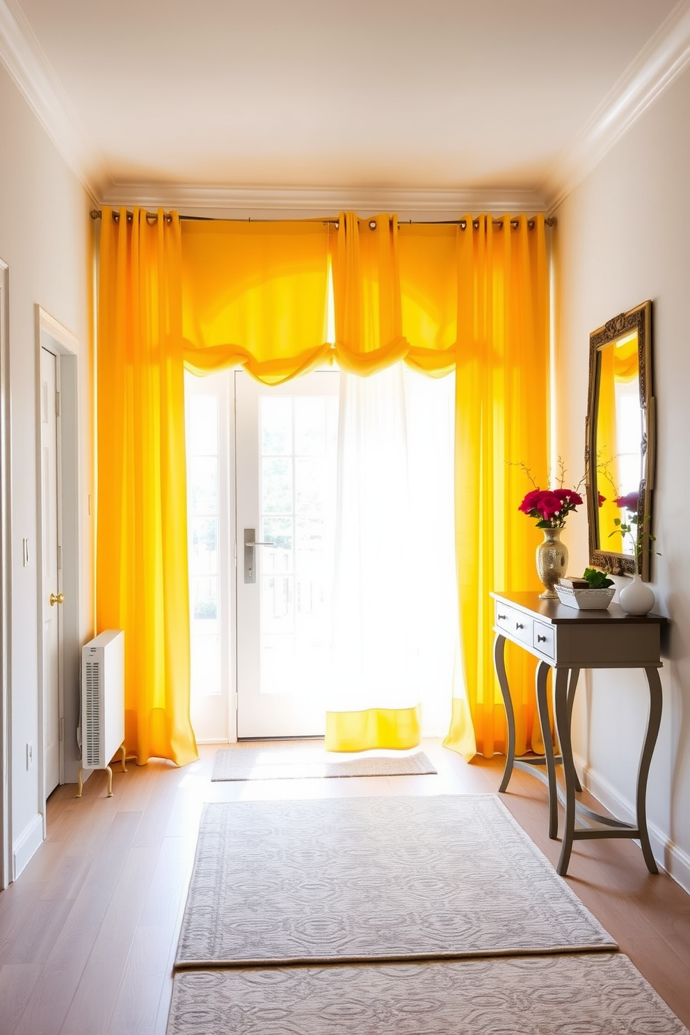 Cheerful yellow curtains frame a bright foyer, allowing soft light to filter through and create a warm atmosphere. The walls are painted in a soft white hue, complementing the vibrant curtains and enhancing the welcoming feel of the space. A stylish console table sits against one wall, adorned with a decorative mirror and fresh flowers. The floor features a light wood finish that adds to the airy ambiance, while a cozy area rug in subtle patterns brings texture to the room.