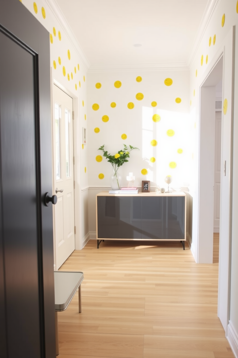 A bright foyer filled with energy and charm. The walls are adorned with playful yellow wall decals that add a fun and vibrant touch to the space. The flooring features a light wood finish that complements the cheerful atmosphere. A stylish console table with a sleek design sits against the wall, topped with decorative items and a vibrant plant.