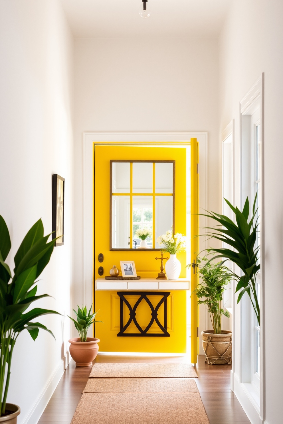 A bright yellow door opens into a welcoming foyer filled with natural light. The walls are painted in a soft white, creating a cheerful contrast with the vibrant door. The foyer features a stylish console table adorned with decorative items and a large mirror above it. Potted plants in the corners add a touch of greenery, enhancing the inviting atmosphere.