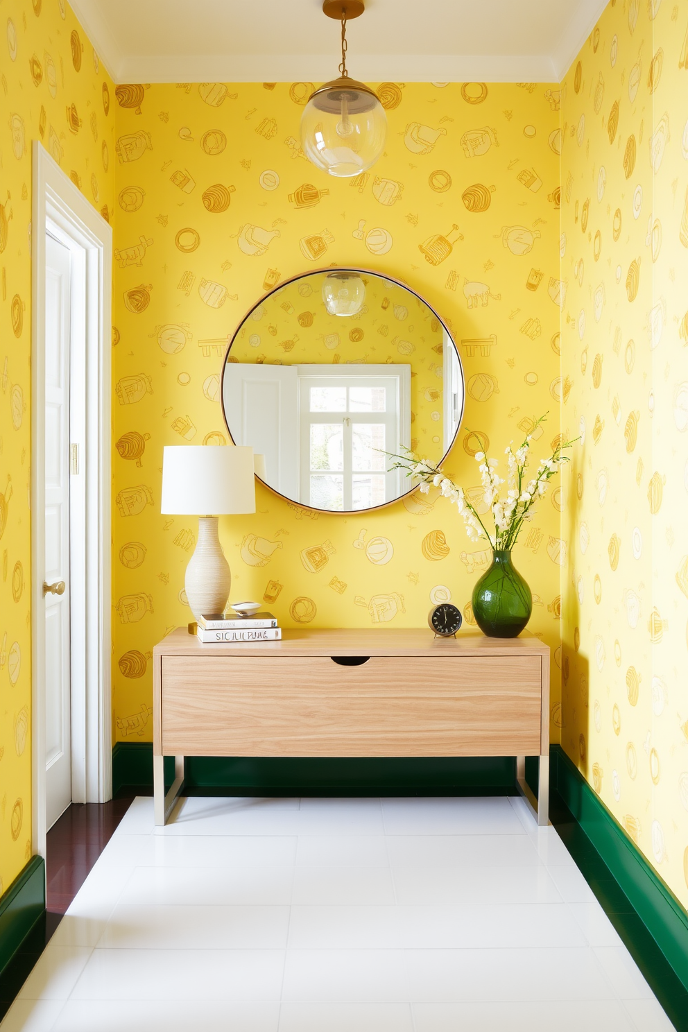 A bright foyer filled with energy and charm. The walls are adorned with yellow patterned wallpaper featuring whimsical designs that create a playful vibe. A sleek console table in a light wood finish stands against the wall. Above it, a large round mirror reflects the light, enhancing the cheerful atmosphere of the space.