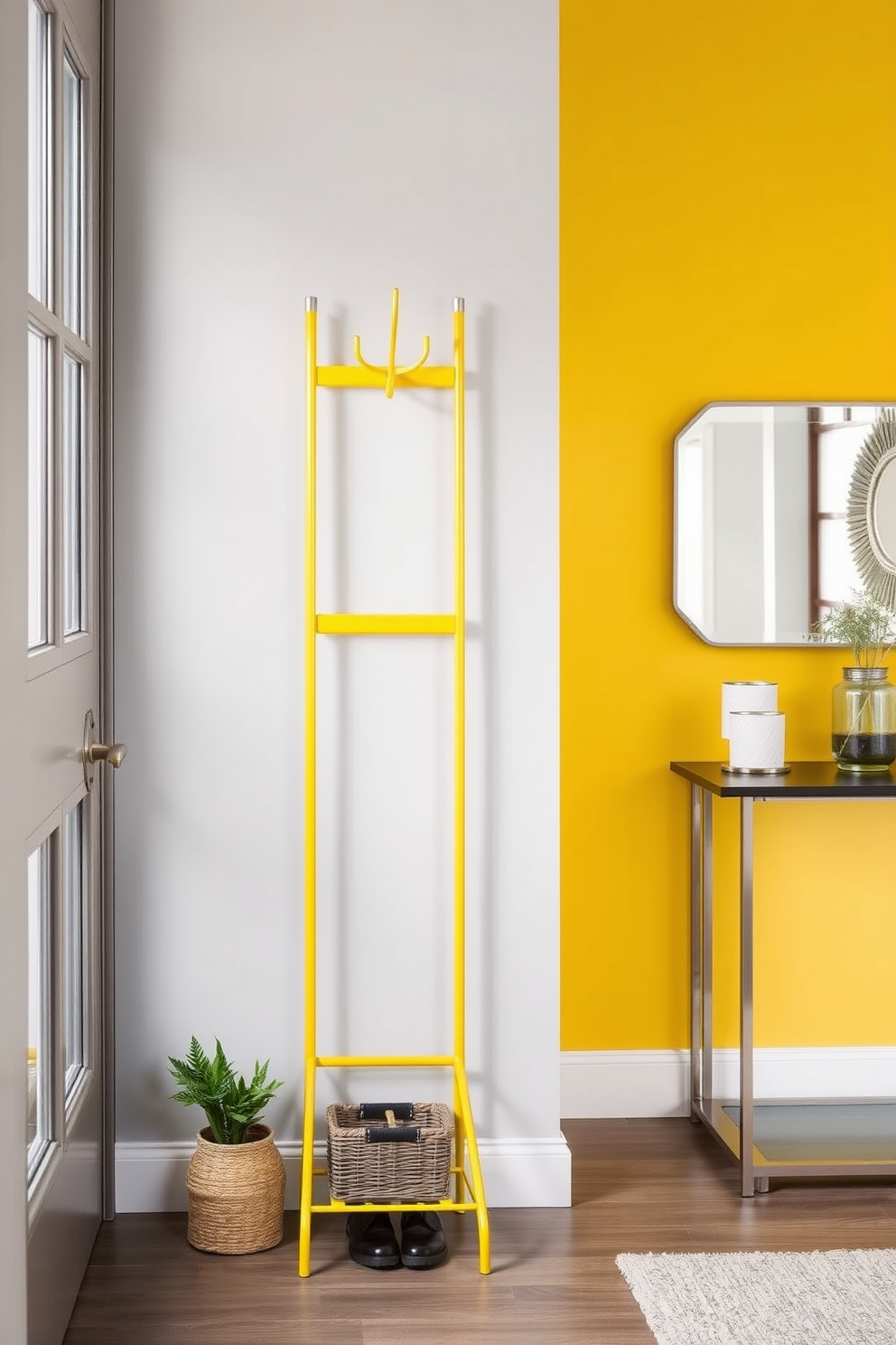 A stylish yellow coat rack stands prominently against a light gray wall, serving both functionality and a pop of color in the entryway. Below the rack, a woven basket holds shoes, while a small potted plant adds a touch of greenery to the space. The foyer features a bright yellow accent wall that complements the coat rack, creating an inviting atmosphere. A sleek console table with a minimalist design sits against the opposite wall, adorned with a decorative mirror and a few carefully chosen accessories.