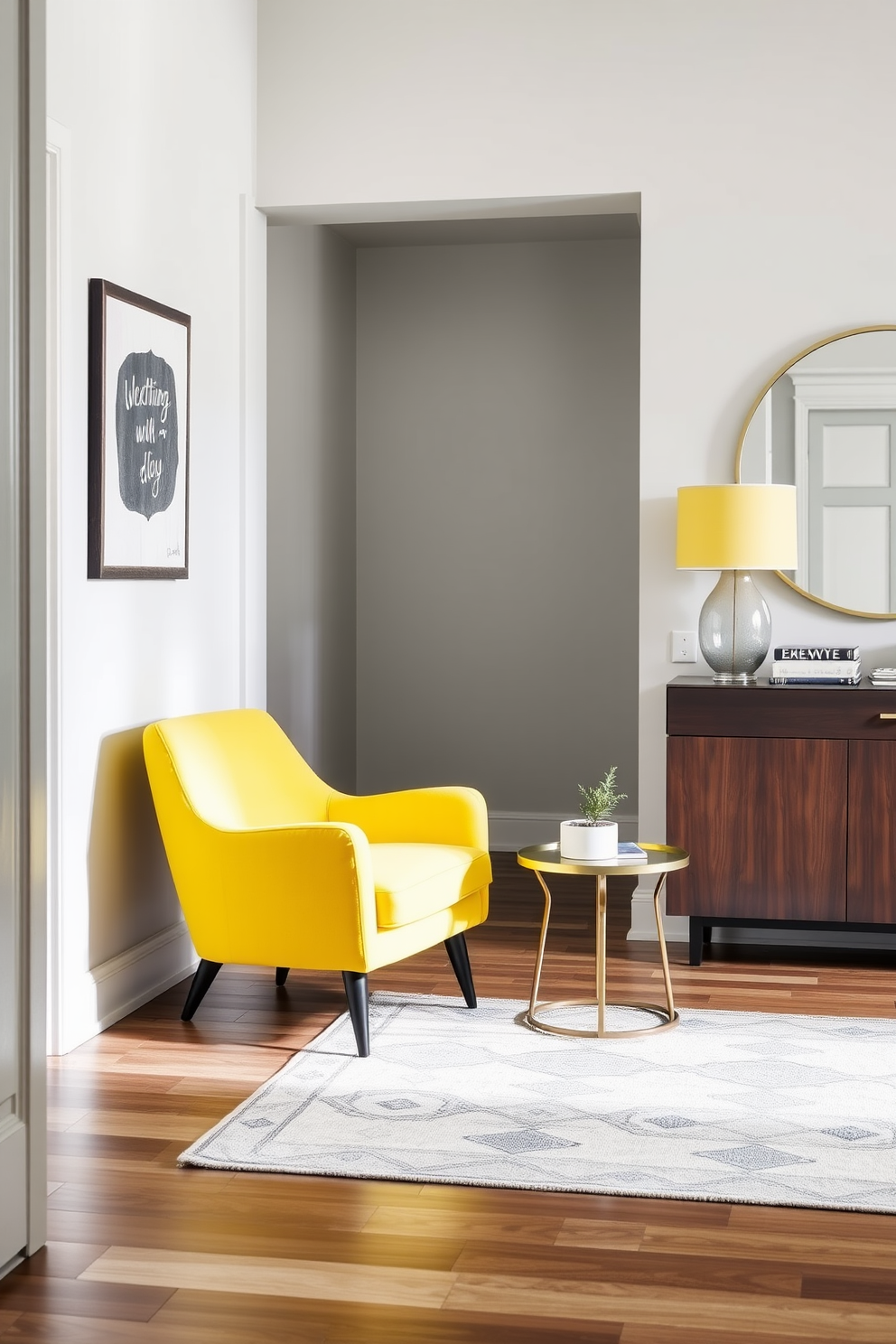 A bright yellow accent chair sits in the corner of a stylish foyer, adding a vibrant pop of color to the space. The chair is upholstered in soft fabric and paired with a small round side table that holds a decorative plant. The foyer features a sleek console table against the wall, adorned with a mirror above it that reflects natural light. Light gray walls create a modern backdrop, while a patterned rug underfoot ties the design together with warmth and texture.