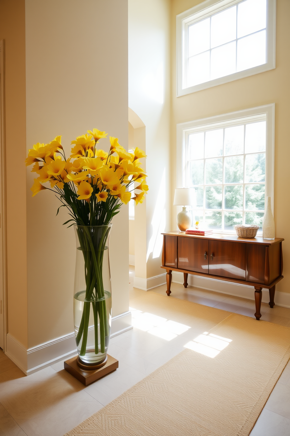 A bright and inviting foyer features a stunning arrangement of yellow flowers in a large, elegant vase. The walls are painted in a soft cream color, complementing the warm tones of the wooden console table that holds decorative items. The space is enhanced by a beautiful runner rug with subtle patterns that add texture. Natural light streams in through a large window, illuminating the cheerful yellow hues and creating a welcoming atmosphere.