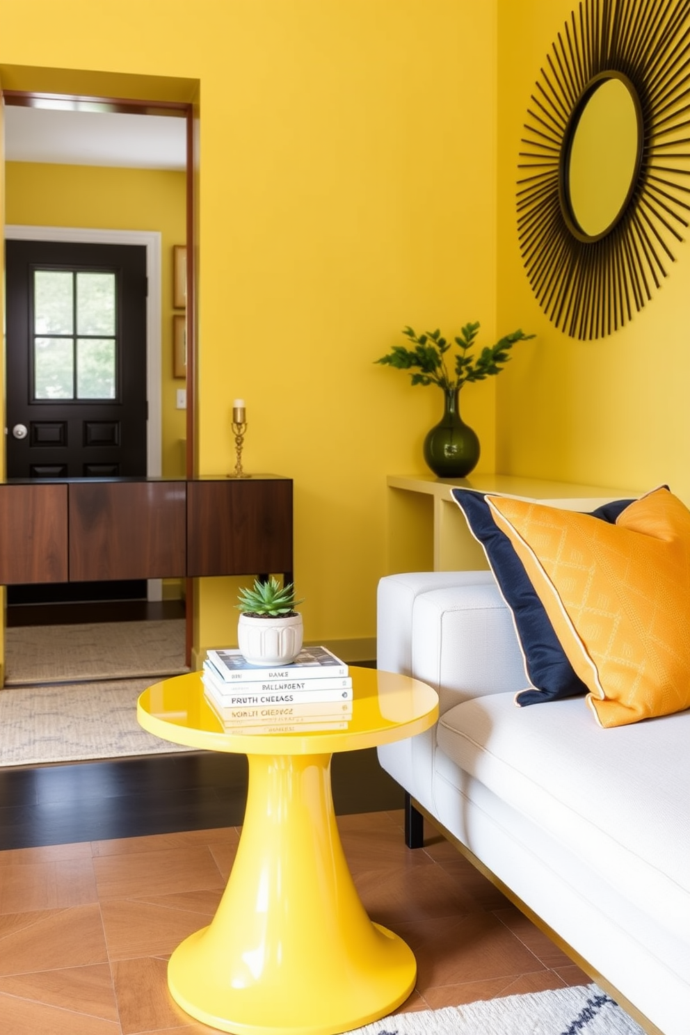 A chic yellow side table is positioned next to a modern sofa, adding a pop of color to the living room. The table features a sleek design with a glossy finish and is adorned with a small potted plant and a stack of stylish coffee table books. In the foyer, a vibrant yellow color palette creates a welcoming atmosphere. The walls are painted in a soft yellow hue, complemented by a decorative mirror and a minimalist console table that enhances the overall aesthetic.