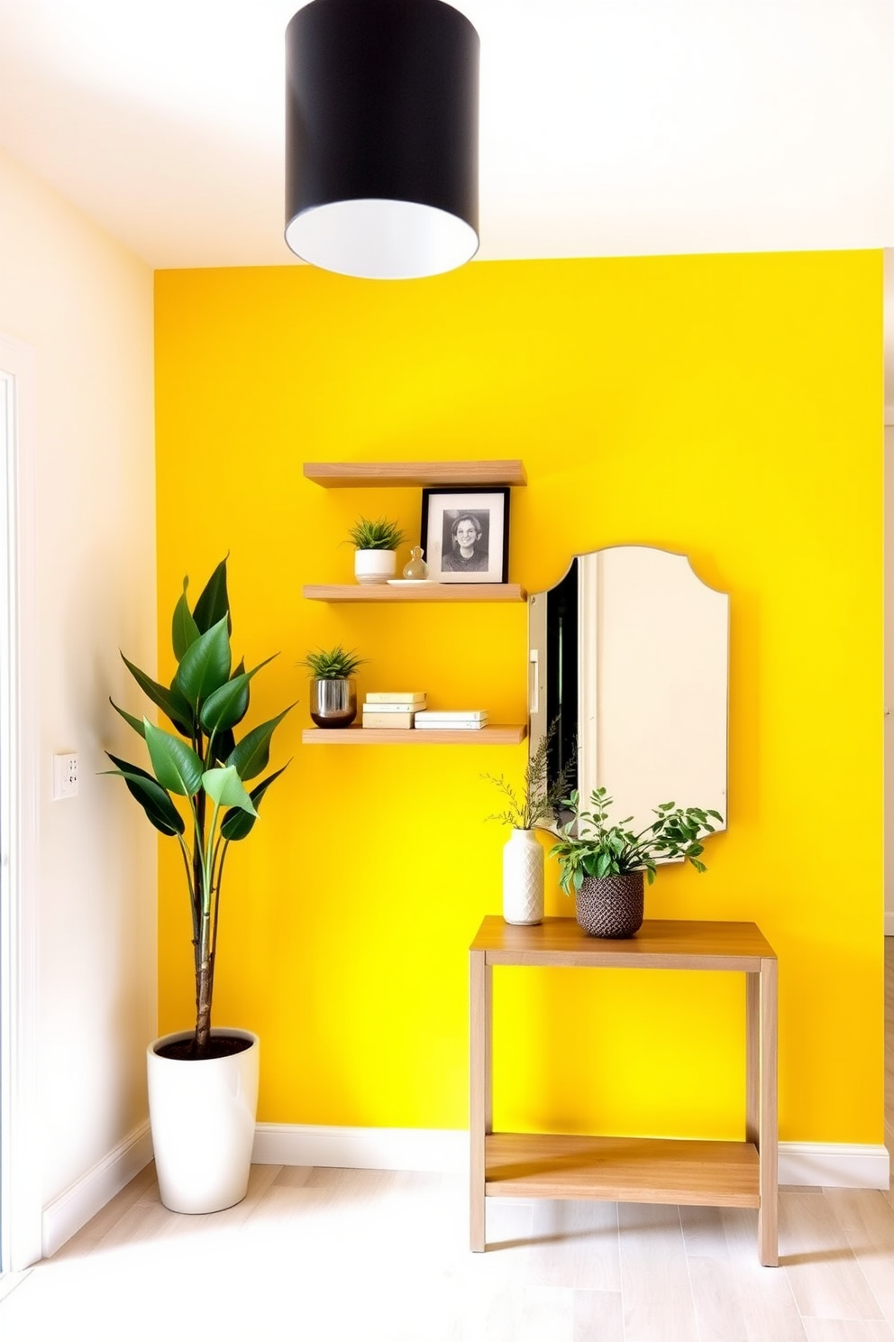 A vibrant yellow accent wall serves as the focal point of the foyer, creating a warm and inviting atmosphere. Floating shelves in a natural wood finish are mounted on the wall, displaying carefully curated decor items and plants. The foyer features a stylish console table with a sleek design, topped with a decorative mirror that enhances the sense of space. Soft lighting from a modern pendant fixture casts a gentle glow, highlighting the cheerful yellow tones and creating an uplifting entryway.