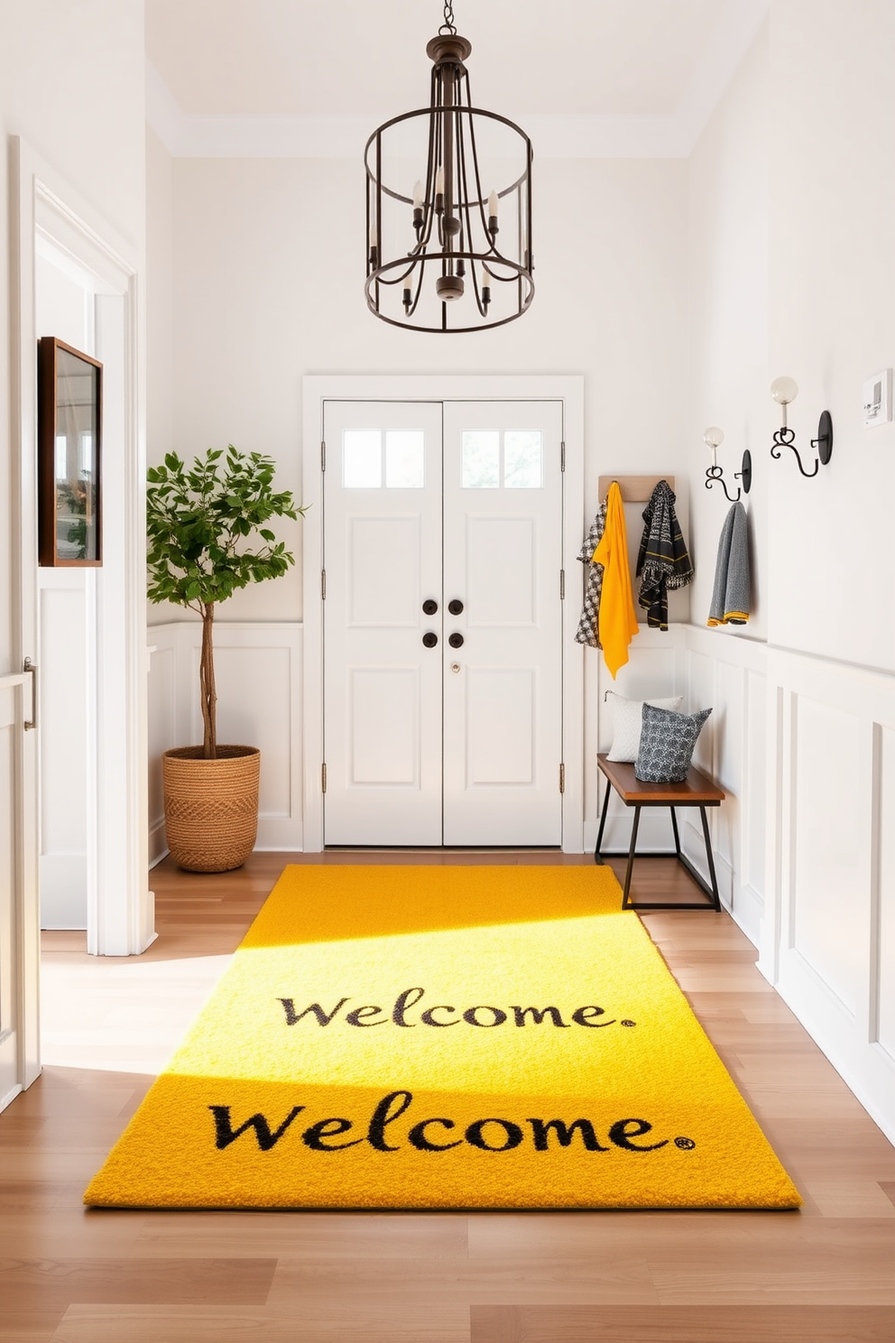 A bright yellow welcome mat is placed at the entrance, adding a cheerful touch to the space. The foyer features light wooden flooring and a statement chandelier that enhances the inviting atmosphere. On the walls, a soft white paint complements the vibrant mat, creating a fresh and airy feel. Stylish coat hooks and a small bench provide functionality while maintaining the charm of the design.