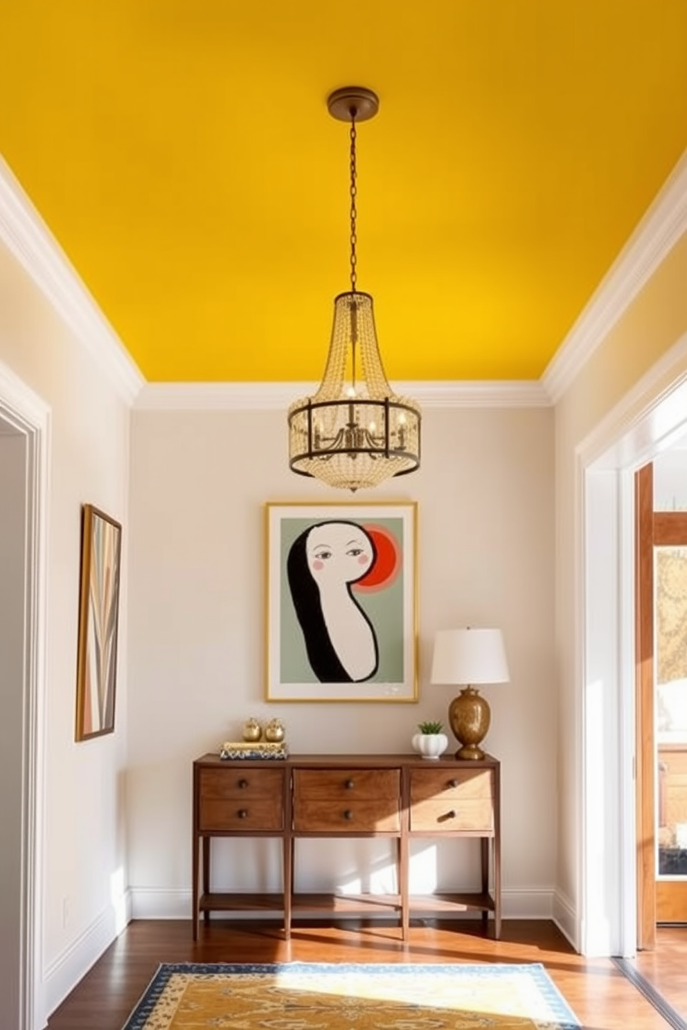 A yellow ceiling creates an unexpected surprise that brightens the entire foyer. The walls are painted in a soft white to enhance the vibrancy of the ceiling, while a stylish console table provides a warm welcome at the entrance. Incorporate bold artwork that complements the yellow ceiling, adding personality to the space. A statement chandelier hangs gracefully, casting a warm glow and enhancing the inviting atmosphere of the foyer.