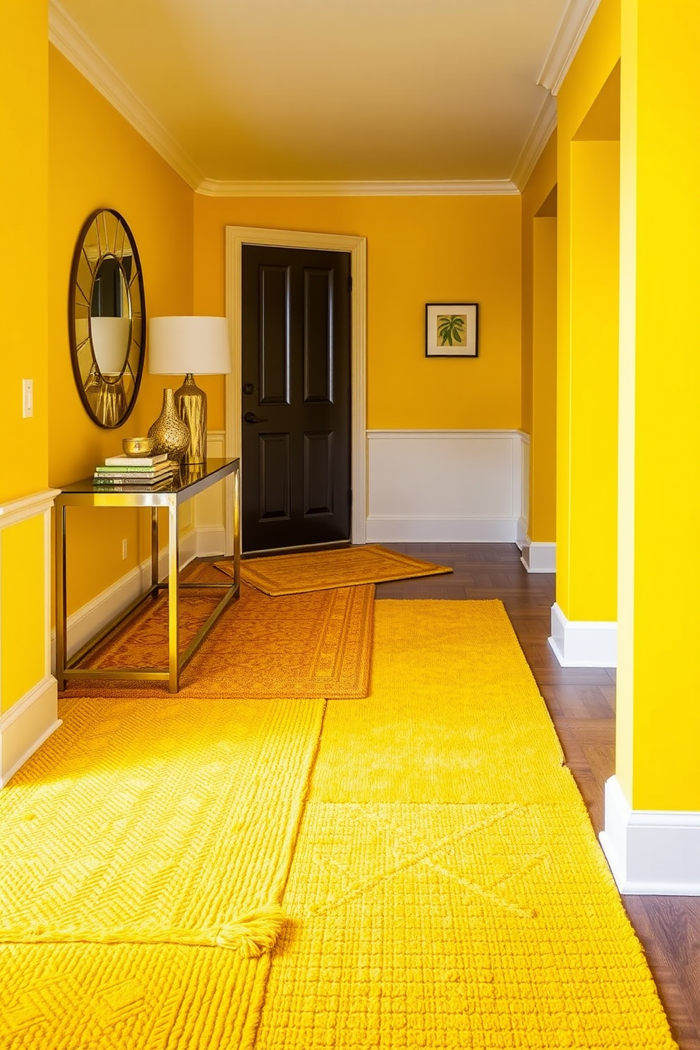 Layered yellow rugs create a warm and inviting atmosphere in the foyer. The space features a combination of different textures and patterns, enhancing the cozy feel of the design. The foyer includes a stylish console table against the wall, topped with decorative items and a large round mirror. Bright yellow walls complement the layered rugs, adding vibrancy and a cheerful ambiance to the entrance.