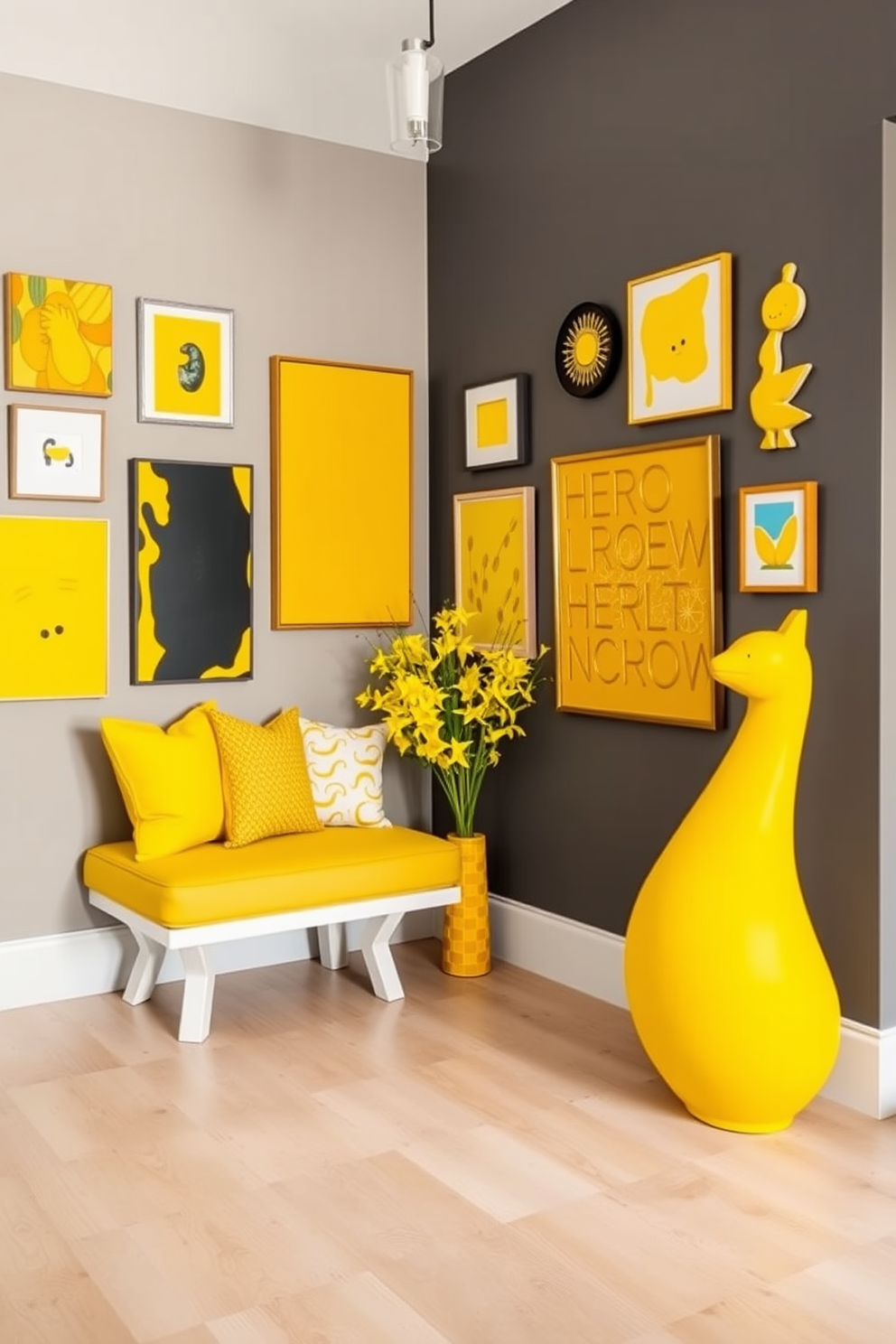 Create a whimsical foyer filled with vibrant yellow art pieces that add character and charm to the space. The walls are adorned with various abstract paintings in shades of yellow, complemented by playful sculptures that invite curiosity and joy. The flooring features a light wood finish that contrasts beautifully with the bright yellow accents. A cozy bench with yellow cushions sits against the wall, providing a welcoming spot for guests to pause and appreciate the art.