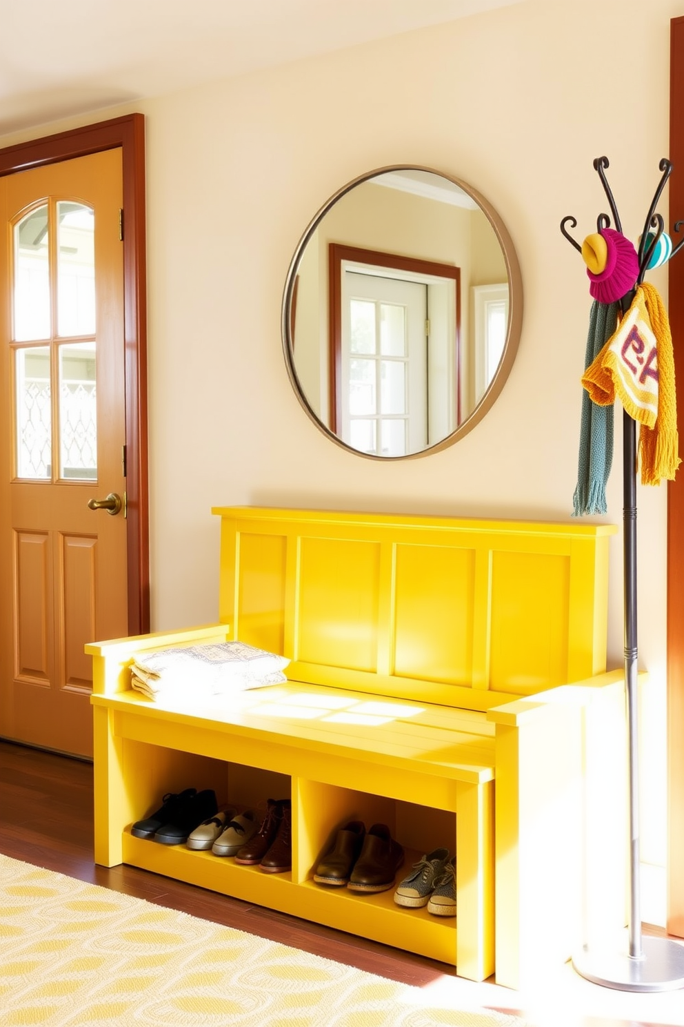 A bright yellow entryway bench with built-in storage options sits against the wall, inviting guests to sit and remove their shoes. Above the bench, a large round mirror reflects natural light, enhancing the cheerful ambiance of the space. The foyer features a warm color palette with accents of yellow and white, creating a welcoming atmosphere. A stylish coat rack stands nearby, adorned with colorful hats and scarves, adding a playful touch to the design.