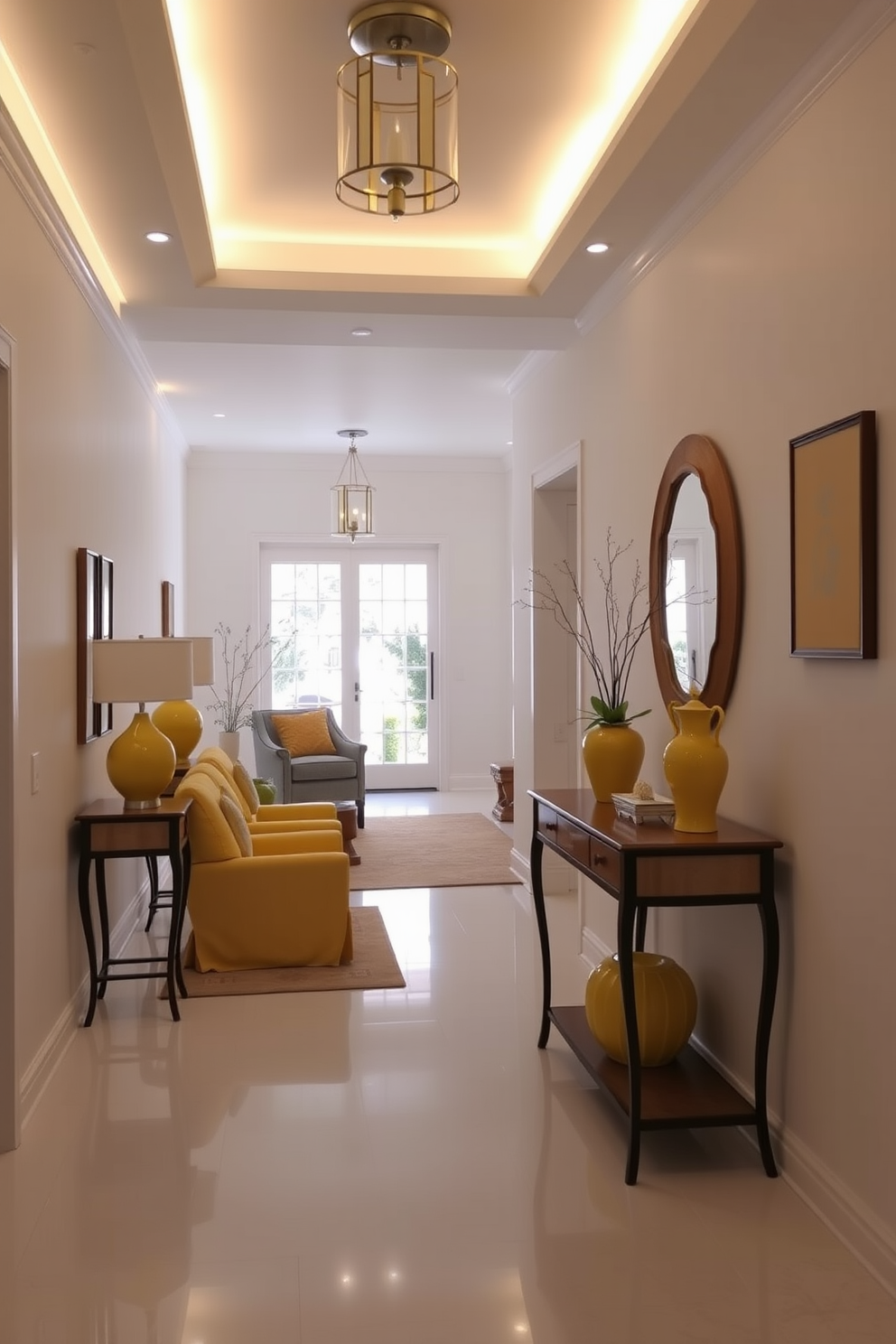 A bright foyer featuring accent lighting that beautifully highlights yellow decor pieces. The walls are painted in a soft white, creating a fresh backdrop for vibrant yellow accents throughout the space.