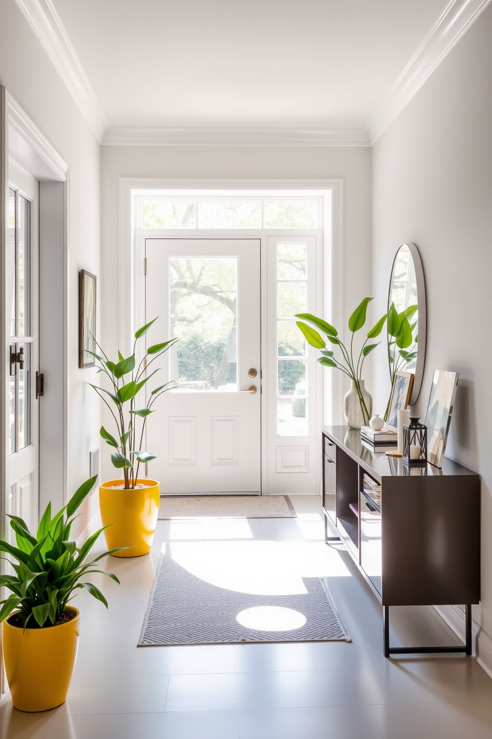 A bright foyer filled with natural light features yellow potted plants positioned strategically to add fresh greenery. The walls are painted in a soft white, and a stylish console table with a sleek design sits against one wall, adorned with decorative items.