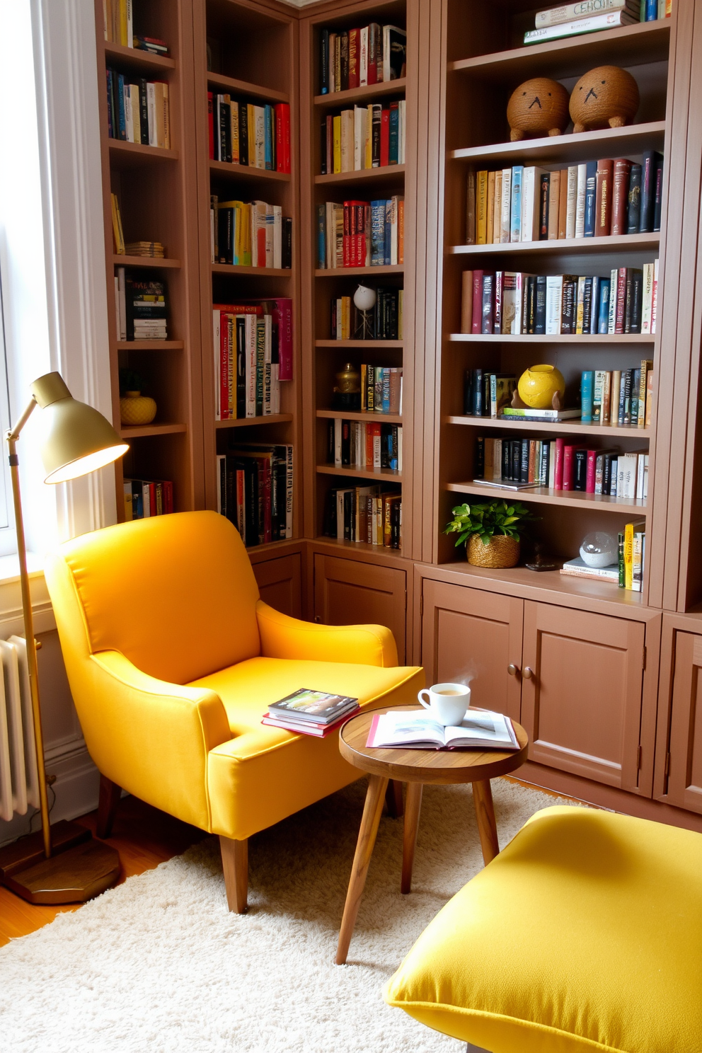 Cozy reading nook with yellow accents. A plush armchair in a sunny yellow fabric sits next to a small wooden side table, adorned with a stack of books and a steaming cup of tea. The walls are lined with built-in bookshelves filled with colorful books and decorative items. A soft area rug in a neutral tone anchors the space, while a warm floor lamp provides inviting light for evening reading.