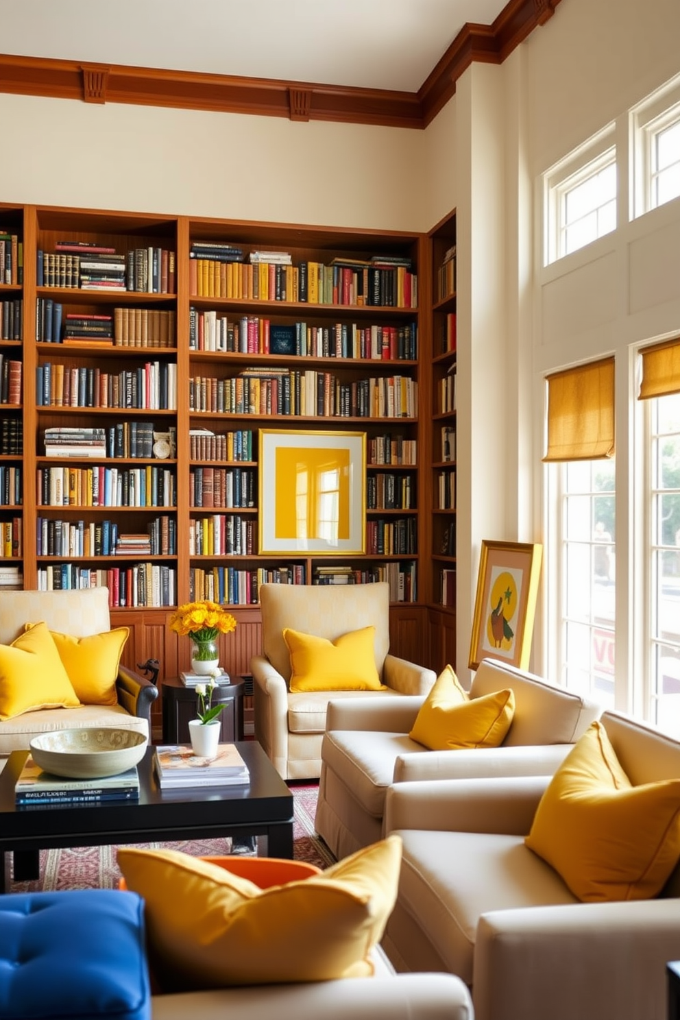 A cozy home library featuring warm wooden bookshelves filled with an array of books. Comfortable seating with plush yellow cushions invites relaxation, while yellow framed artwork adorns the walls to enhance the decor. A bright and inviting space with large windows allowing natural light to flood in. The walls are painted in a soft cream, creating a perfect backdrop for the yellow accents throughout the room.