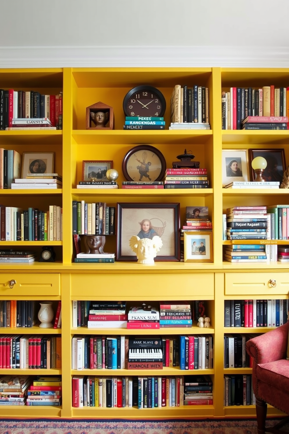 A cozy home library featuring open shelving painted in cheerful yellow. The shelves are filled with a diverse collection of books and decorative items, creating a vibrant and inviting atmosphere.