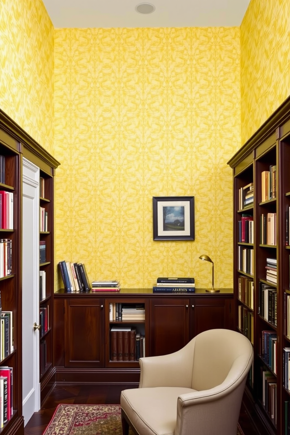 A cozy home library featuring an accent wall adorned with vibrant yellow wallpaper patterns. The room is filled with tall bookshelves made of dark wood, and a plush reading chair sits in the corner, inviting relaxation.