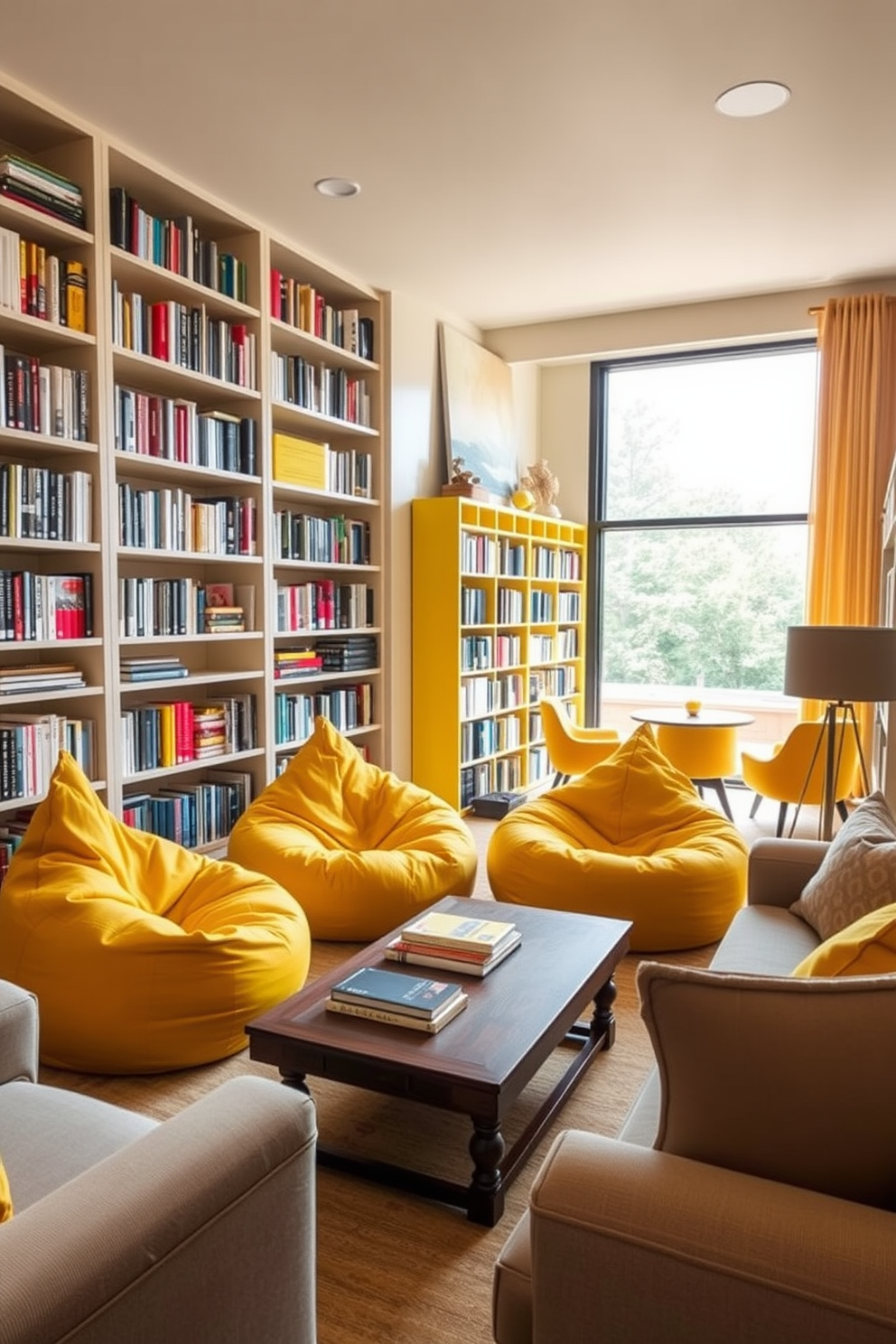 A cozy reading nook featuring yellow bean bags scattered around a low wooden coffee table. Shelves filled with books line the walls, and a large window allows natural light to fill the space. A vibrant home library designed with yellow accents throughout the room. Comfortable seating options and a mix of modern and classic bookshelves create an inviting atmosphere for reading and relaxation.