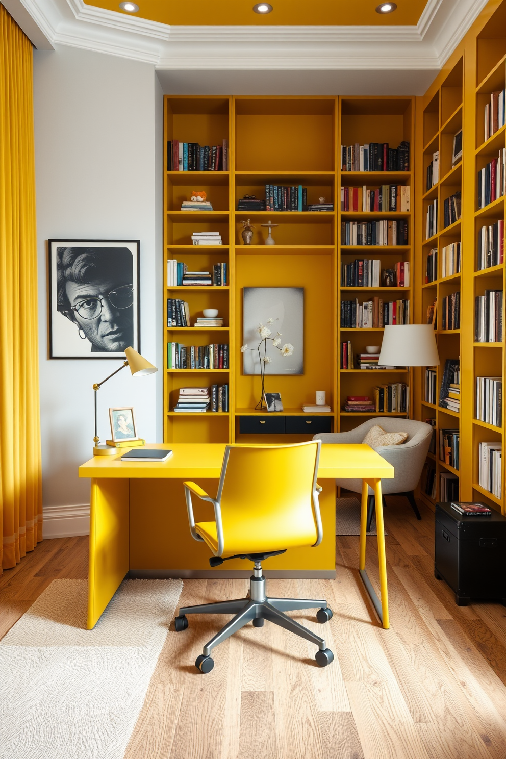 A stylish yellow desk with modern lines sits in the center of the room, complemented by a sleek ergonomic chair. The desk features a smooth surface and minimalist design, enhancing the contemporary aesthetic of the space. The home library is designed with bright yellow accents, creating a warm and inviting atmosphere. Tall bookshelves line the walls, filled with books and decorative items, while a cozy reading nook with a plush chair adds a touch of comfort.