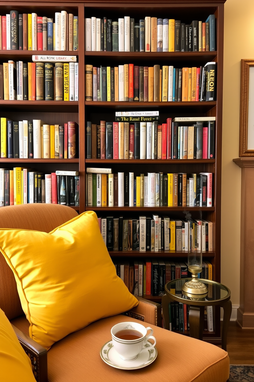 A cozy home library featuring a rich wooden bookshelf filled with books of various genres. Soft yellow decorative pillows are placed on a plush reading chair, inviting relaxation and comfort. The walls are painted in a warm cream tone, complementing the yellow accents throughout the space. A small side table holds a steaming cup of tea, enhancing the inviting atmosphere of the library.