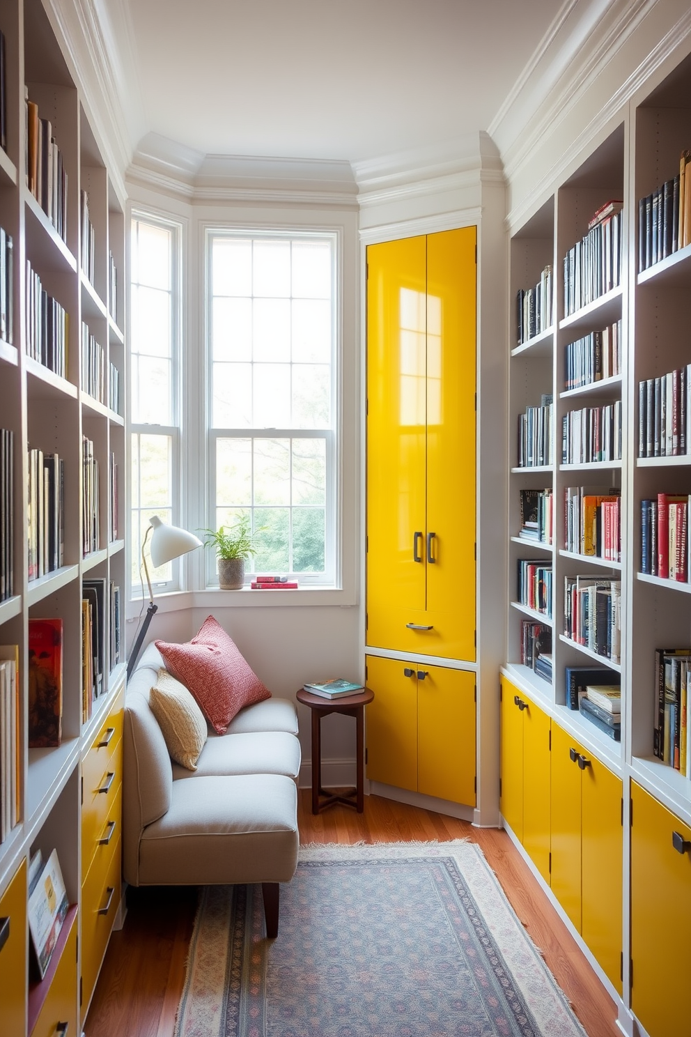 A cozy home library featuring integrated yellow storage solutions that enhance organization. The shelves are built into the walls, painted in a soft white, while the vibrant yellow accents create a cheerful atmosphere. A comfortable reading nook is nestled in the corner, adorned with plush seating and a small side table. Large windows allow natural light to flood the space, highlighting the yellow storage and inviting a sense of warmth.