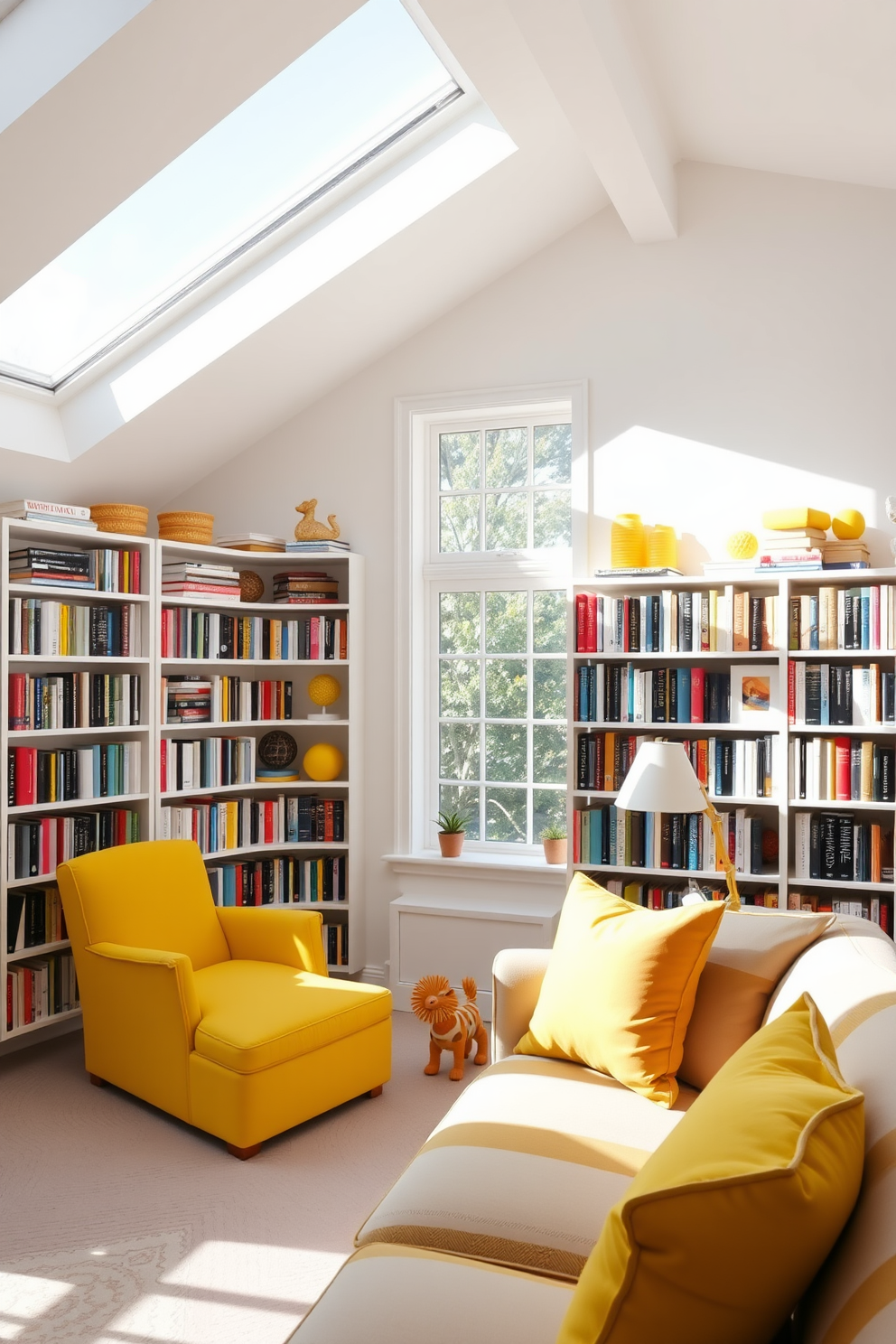 A bright and inviting home library filled with natural light. The walls are painted a soft white, and the shelves are lined with books in various colors. Bright yellow accessories add a playful touch throughout the space. A yellow armchair sits in the corner, complemented by yellow cushions on a cozy sofa.