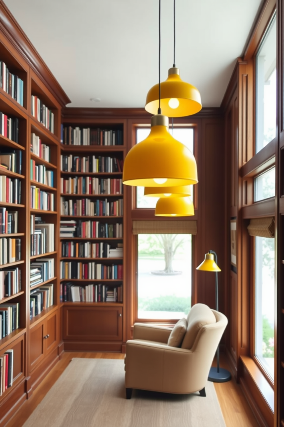 A cozy home library featuring yellow pendant lights that provide stylish illumination. The walls are lined with built-in bookshelves filled with books, and a comfortable reading nook with a plush armchair sits in the corner. The space is accented with warm wooden tones and a soft area rug underfoot. Large windows allow natural light to flood in, creating a bright and inviting atmosphere.