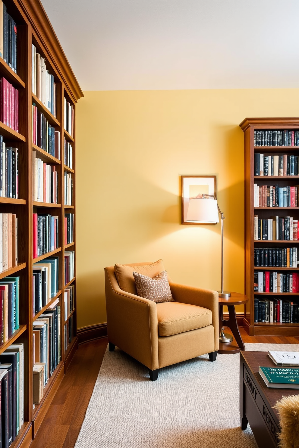 A cozy home library featuring a mix of yellow and natural wood tones. The walls are painted a soft butter yellow, complemented by rich wooden bookshelves filled with an array of books. A large, inviting armchair in a warm beige fabric sits in the corner, paired with a sleek wooden side table. Soft lighting from a stylish floor lamp creates a warm ambiance, making it the perfect reading nook.