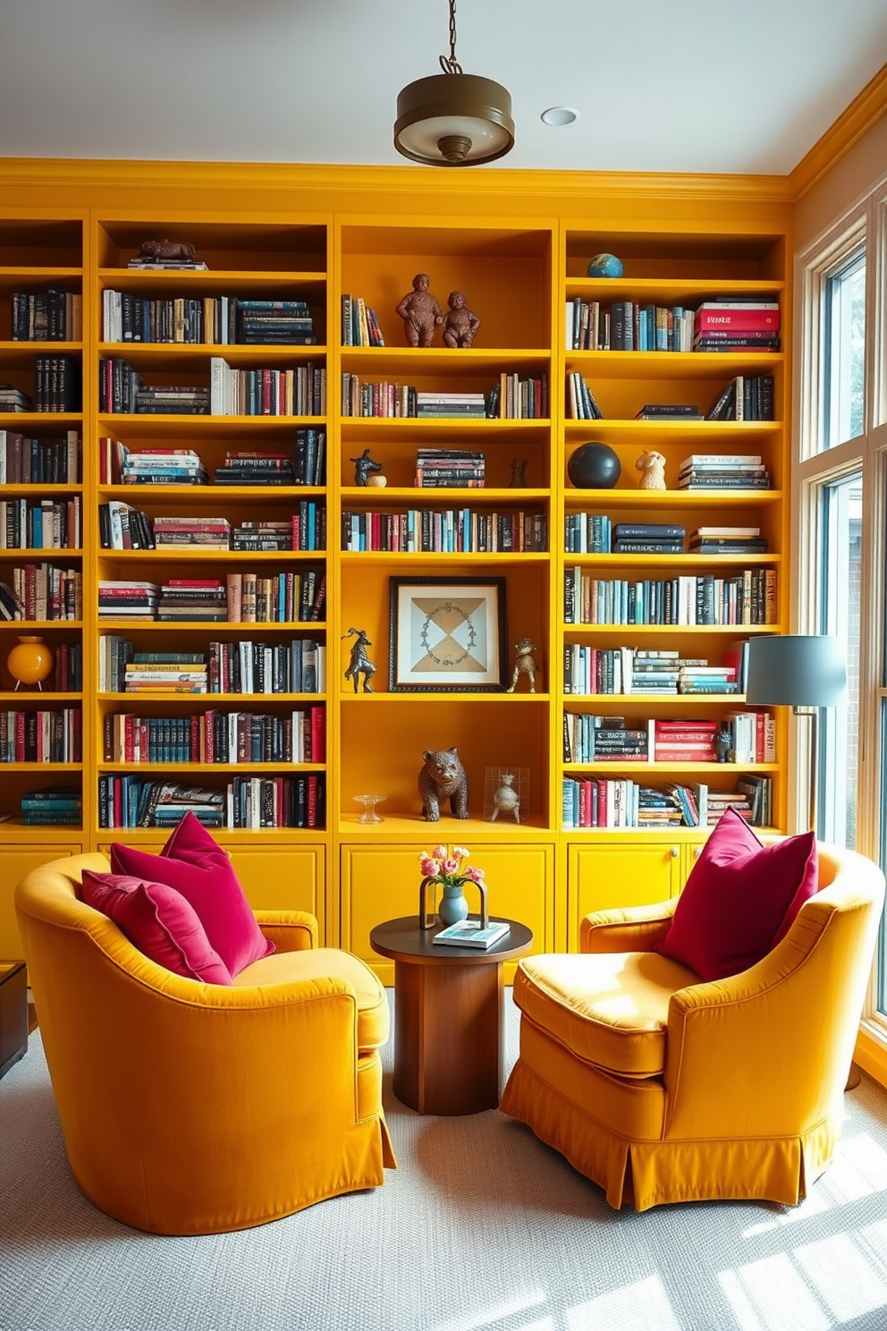 A bright and inviting home library features striking yellow bookshelves that create a vibrant focal point. The shelves are filled with an eclectic mix of books and decorative items, adding personality to the space. Cozy seating is arranged nearby, with plush armchairs in complementary colors for a comfortable reading nook. Large windows allow natural light to flood the room, enhancing the cheerful atmosphere.