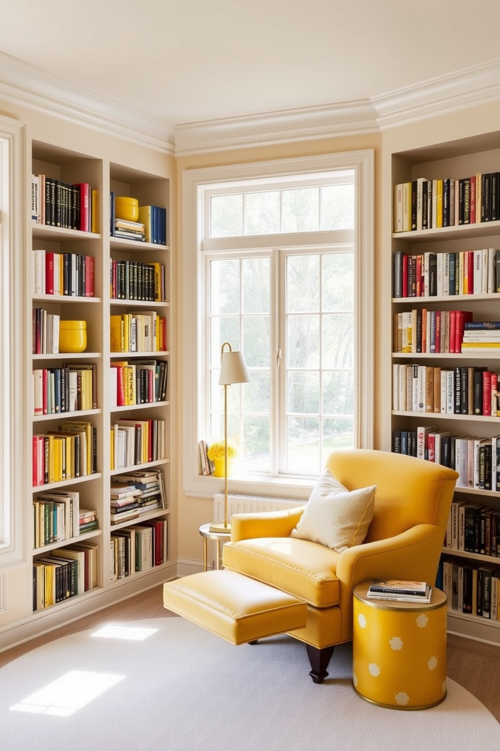 A cozy home library with yellow-themed bookends that add a pop of color to the shelves. The walls are painted in a soft cream tone, creating a warm backdrop for the vibrant yellow accents. A plush reading chair in a complementary shade of yellow sits in the corner, inviting relaxation. Natural light streams in through large windows, illuminating the space and highlighting the curated collection of books.