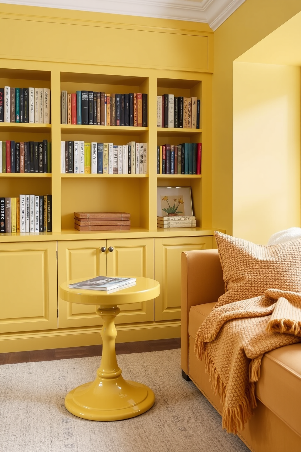 Charming yellow side table for convenience. The table features a sleek round design with a glossy finish and is complemented by a small drawer for storage. Yellow home library design ideas. The library showcases built-in bookshelves painted in a soft yellow hue, paired with a cozy reading nook adorned with plush cushions and a warm throw blanket.