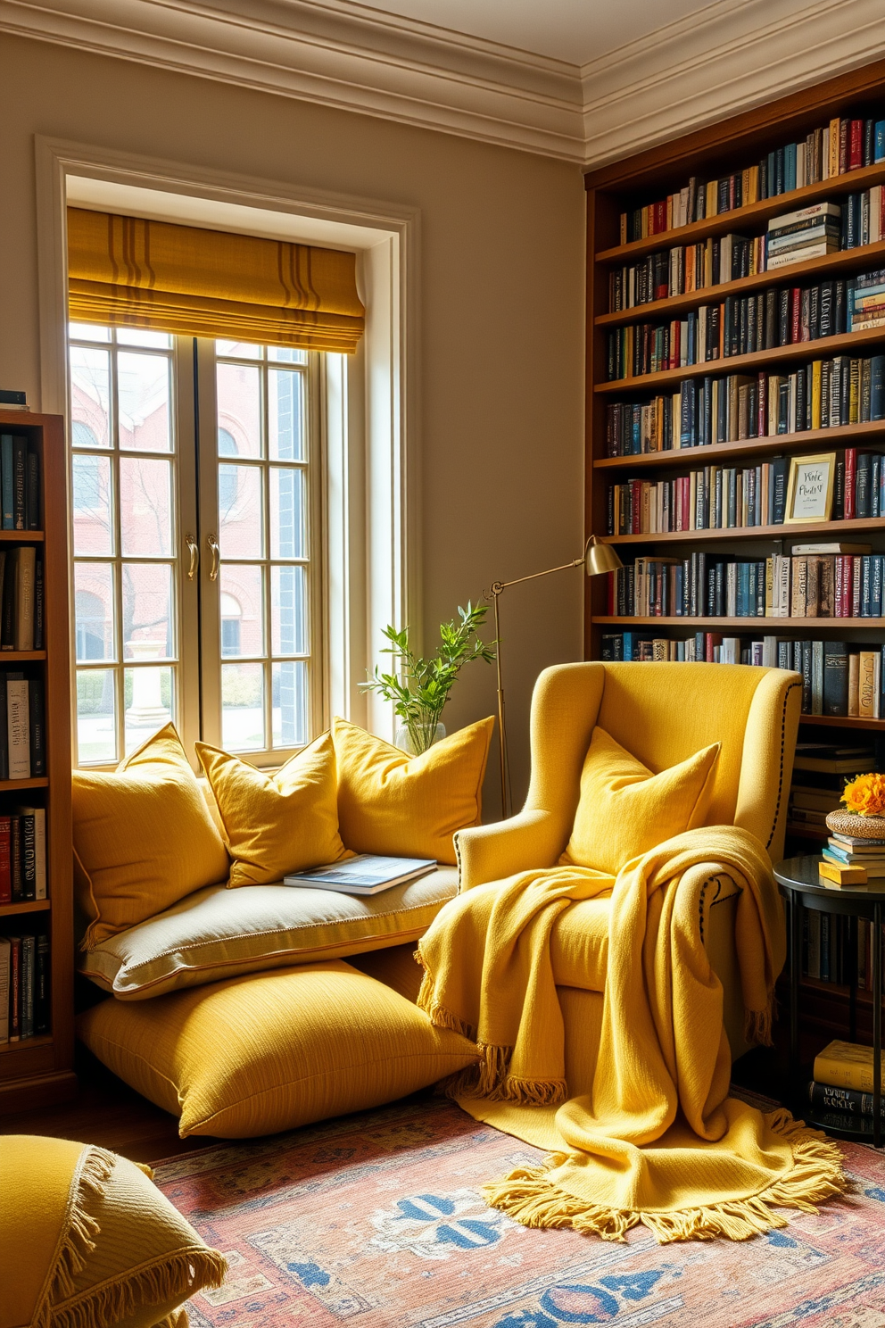 A cozy home library filled with layered yellow textiles creates a warm and inviting atmosphere. Plush yellow cushions are scattered across a comfortable reading nook, while a soft yellow throw drapes over a stylish armchair. Bookshelves lined with an array of books in various colors complement the vibrant yellow accents. A large window allows natural light to flood the space, highlighting the rich textures and inviting decor.