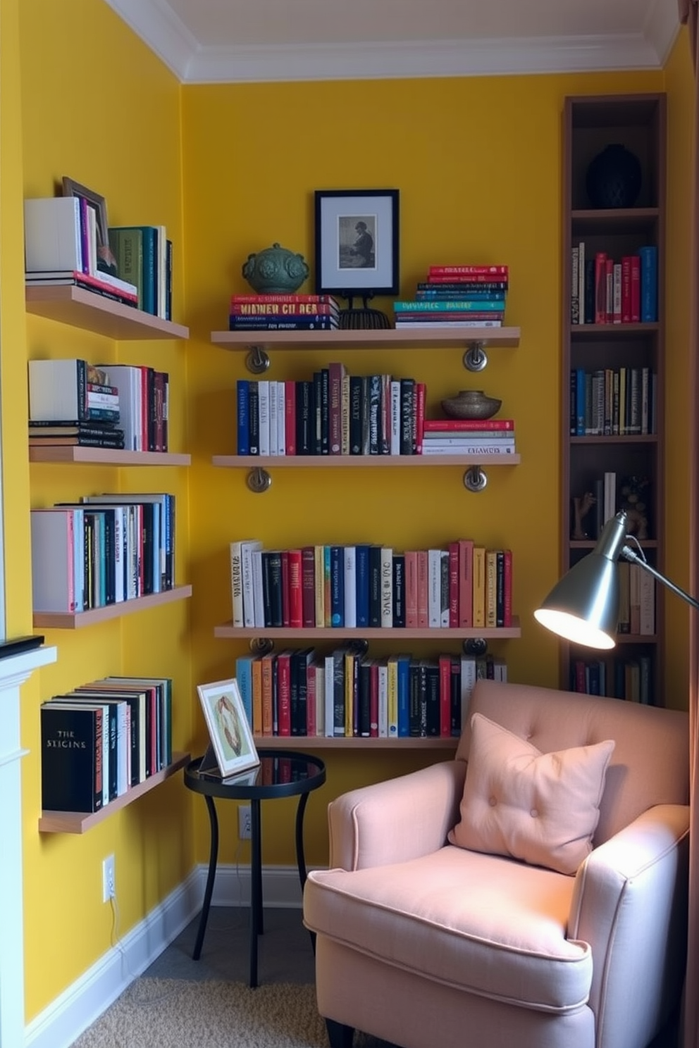 A cozy home library featuring a yellow accent wall that adds warmth and vibrancy to the space. Floating shelves are mounted on the wall, showcasing an array of colorful books and decorative items. A comfortable reading nook is created with a plush armchair and a small side table. Soft lighting from a stylish floor lamp enhances the inviting atmosphere, perfect for curling up with a good book.