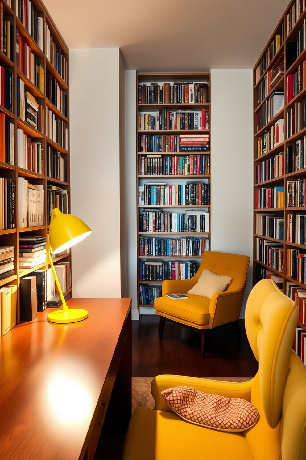 A bright yellow desk lamp stands on a sleek wooden desk, casting warm light over an inviting workspace. The walls of the home library are lined with floor-to-ceiling bookshelves filled with an eclectic mix of books, creating a cozy and inspiring atmosphere. A plush reading chair in a complementary color sits in the corner, inviting you to relax with a good book. Soft, ambient lighting enhances the cheerful vibe, making the space perfect for both work and leisure.