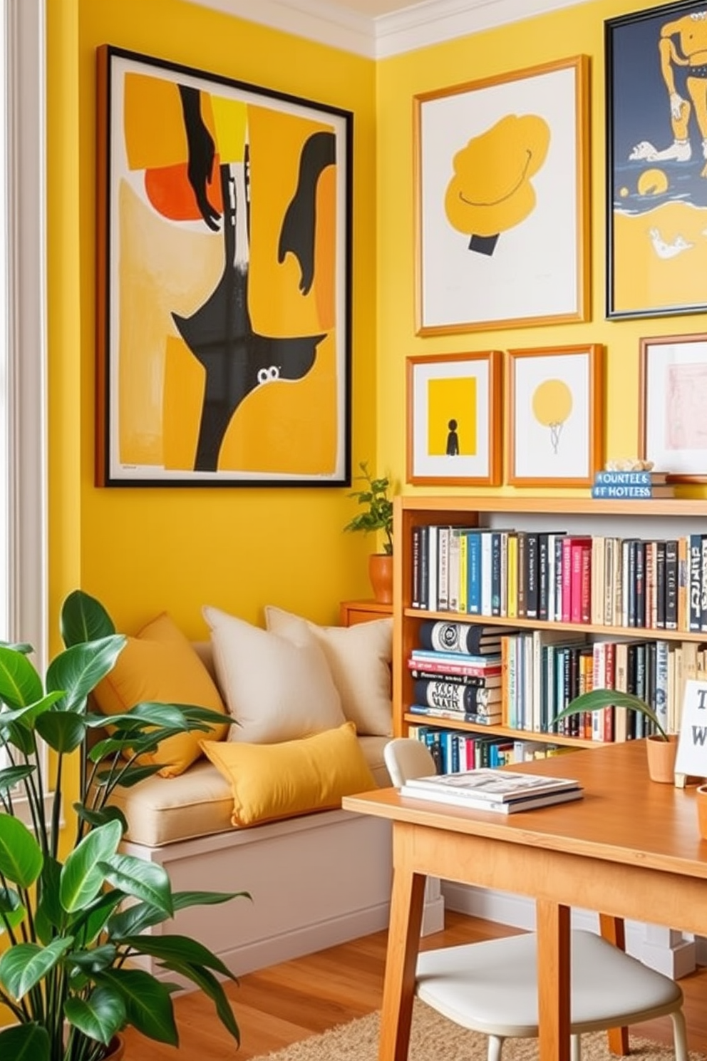 A bright and inviting home library adorned with yellow-themed artwork that sparks creativity. The walls are painted a soft buttery yellow, complemented by a cozy reading nook featuring plush cushions and a stylish bookshelf filled with colorful novels. The artwork is a mix of abstract pieces and framed prints that incorporate various shades of yellow, adding vibrancy to the space. A warm wooden desk sits in the corner, surrounded by potted plants that enhance the cheerful atmosphere of the library.