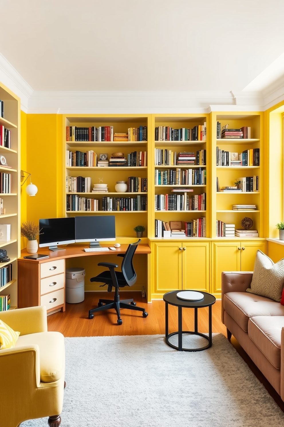 A functional yellow workspace for productivity. The room features a large wooden desk with a sleek computer setup and ergonomic chair. Bright yellow walls create an energetic atmosphere, complemented by white shelving filled with books and decorative items. A cozy reading nook with a comfortable chair and a small table is positioned by the window, allowing for natural light. Yellow home library design ideas. The space includes built-in bookshelves that stretch from floor to ceiling, showcasing a variety of books and personal artifacts. A plush area rug in soft gray anchors the seating area, which consists of a stylish sofa and armchairs, inviting relaxation and reading.