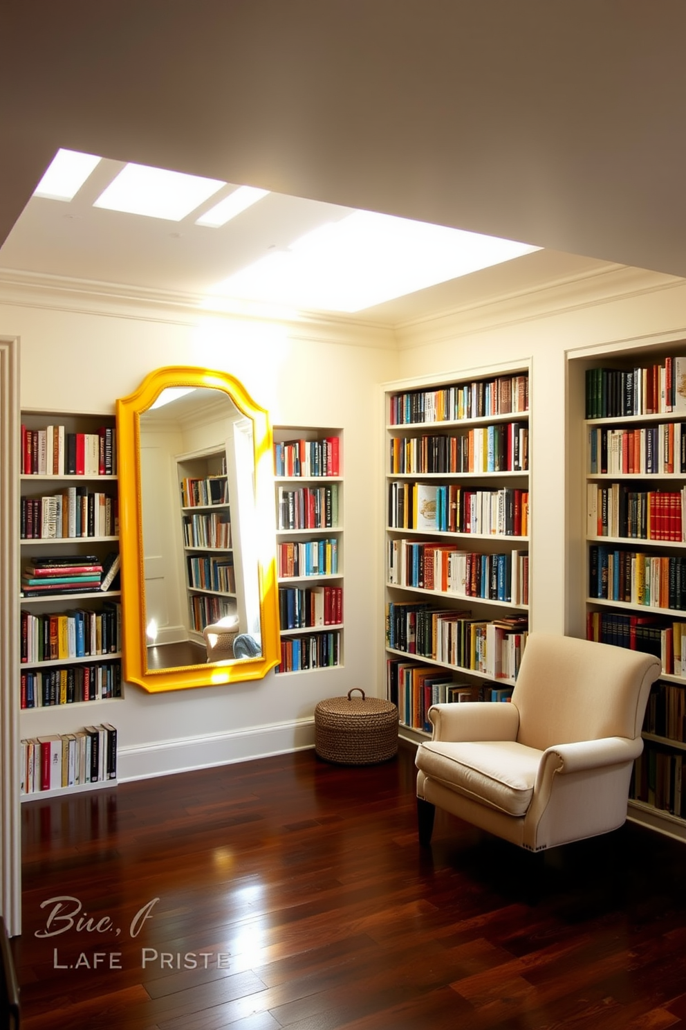 A cozy home library filled with natural light. The walls are painted in a soft cream color, and the flooring is a rich dark wood. Two yellow-framed mirrors are strategically placed to reflect light and enhance the warmth of the space. Shelves lined with books in various colors create a vibrant backdrop, while a plush armchair invites relaxation.